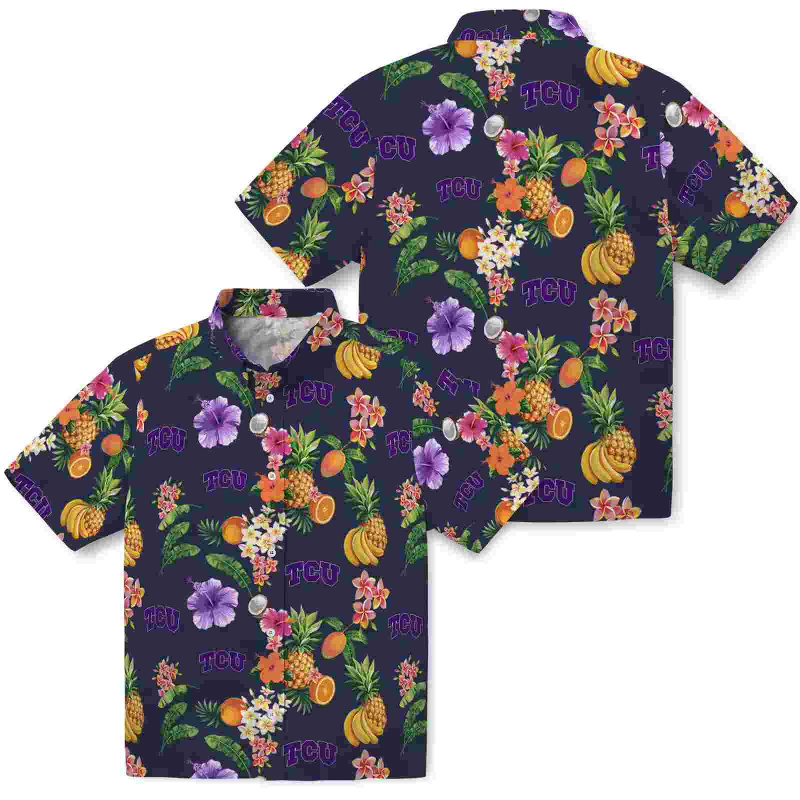 tcu horned frogs hibiscus and fruit navy blue hawaiian shirt high quality