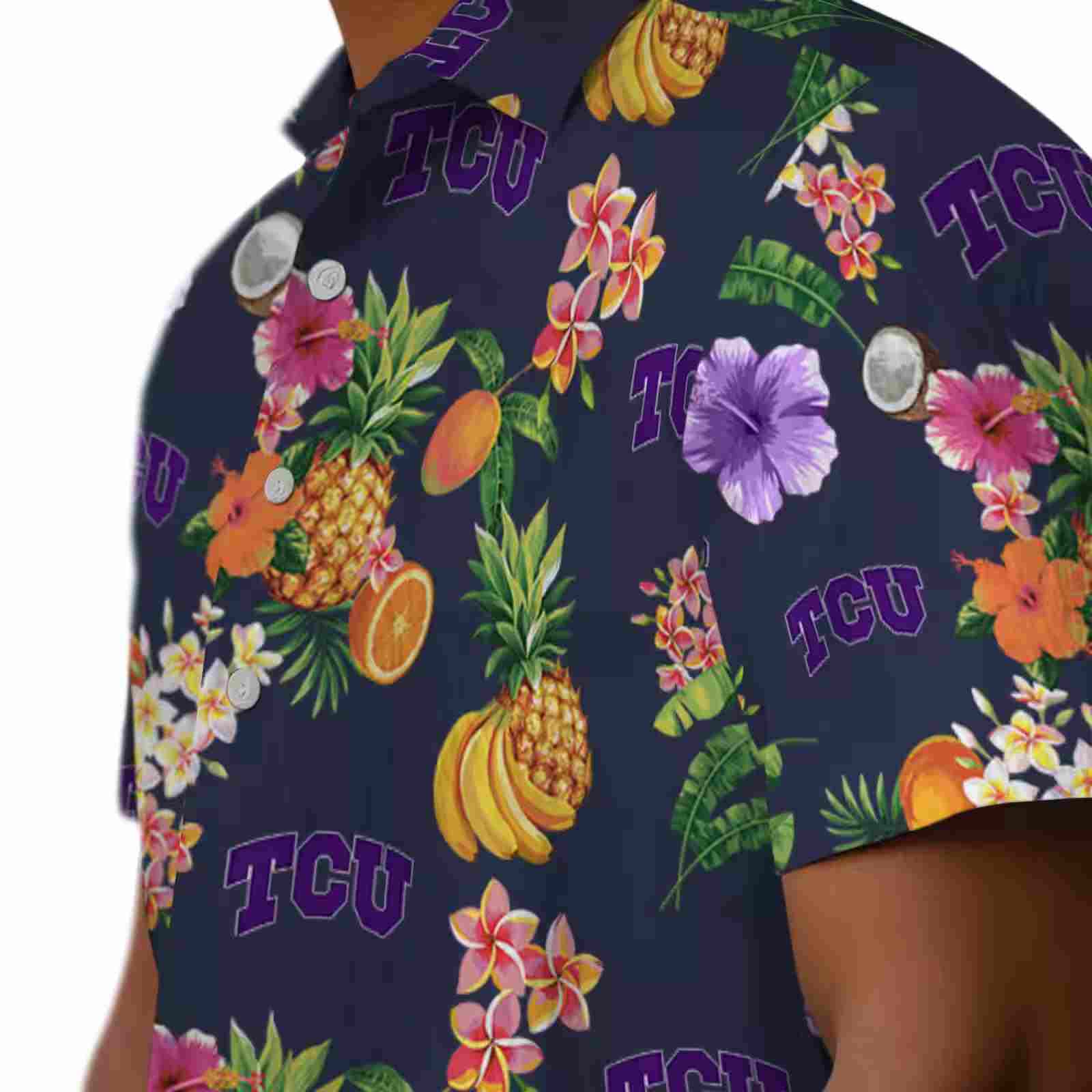 tcu horned frogs hibiscus and fruit navy blue hawaiian shirt trendy