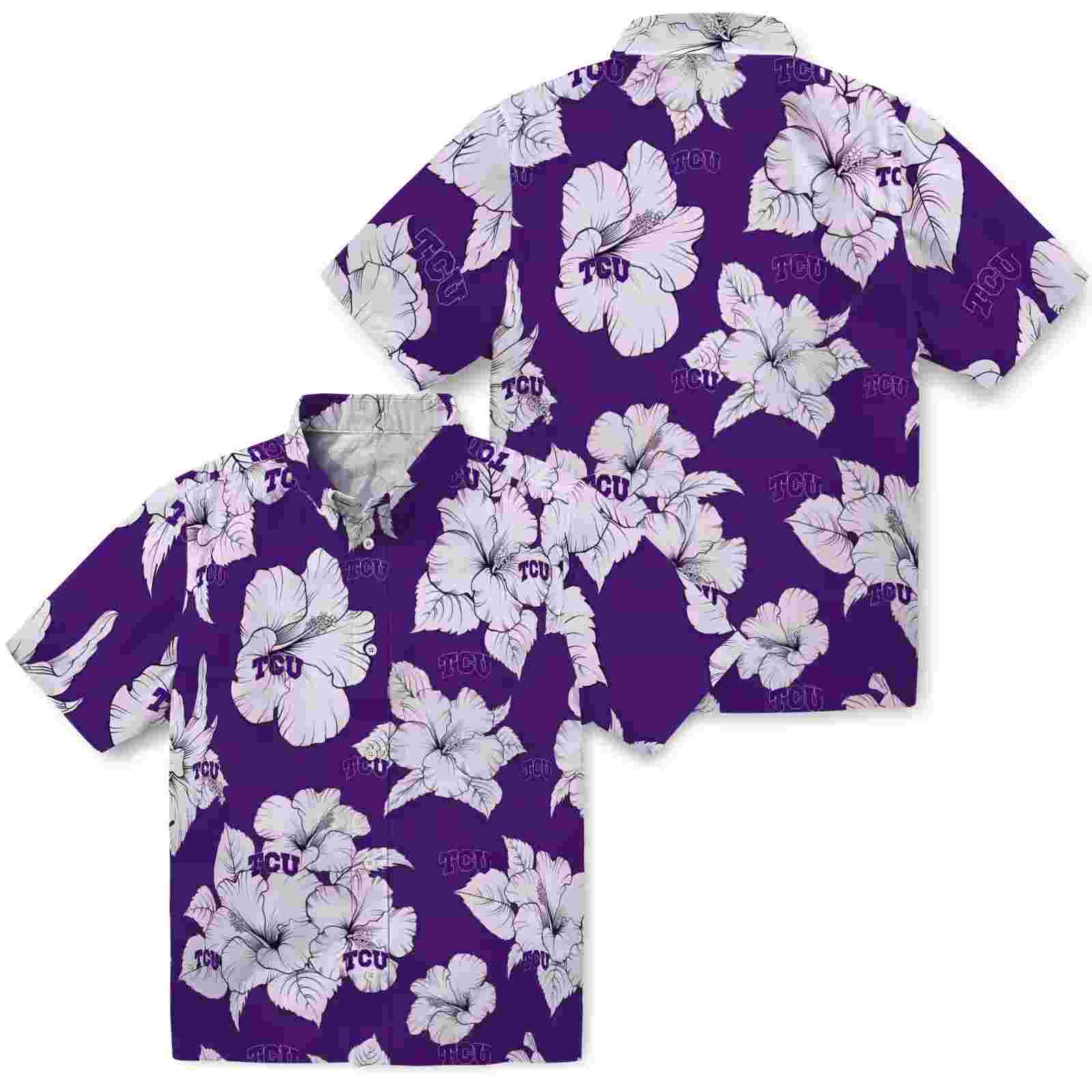 tcu horned frogs hibiscus blooms purple white hawaiian shirt high quality