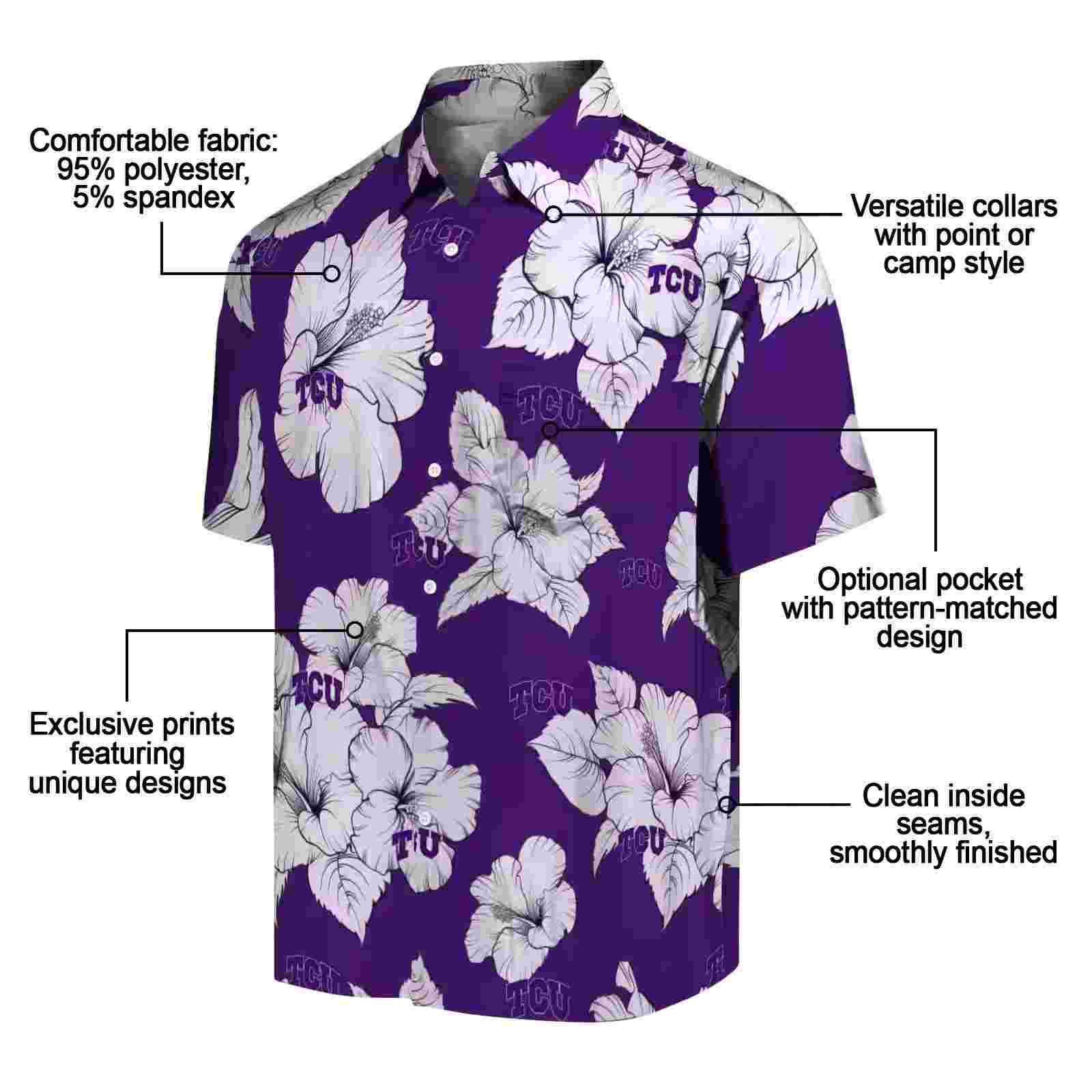 tcu horned frogs hibiscus blooms purple white hawaiian shirt new arrival