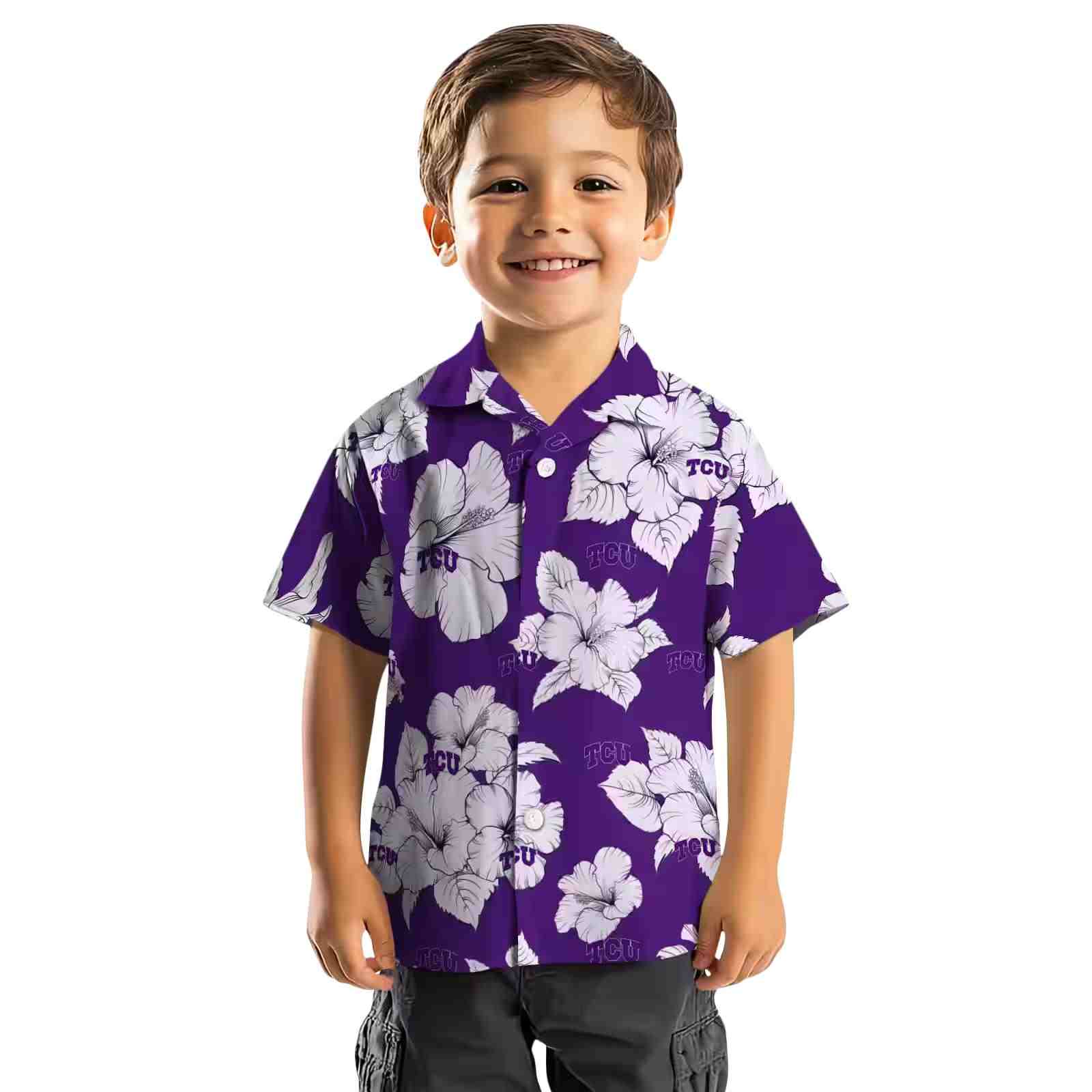 tcu horned frogs hibiscus blooms purple white hawaiian shirt top rated