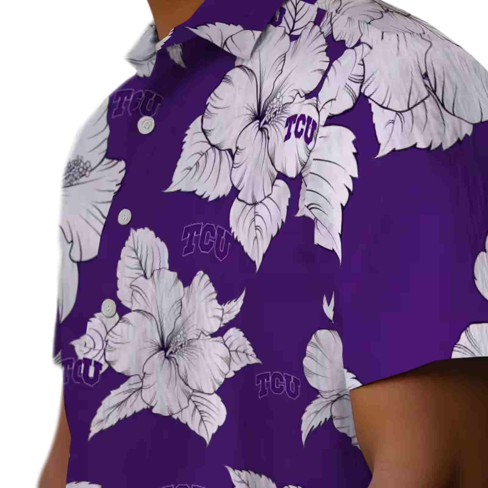 tcu horned frogs hibiscus blooms purple white hawaiian shirt trendy