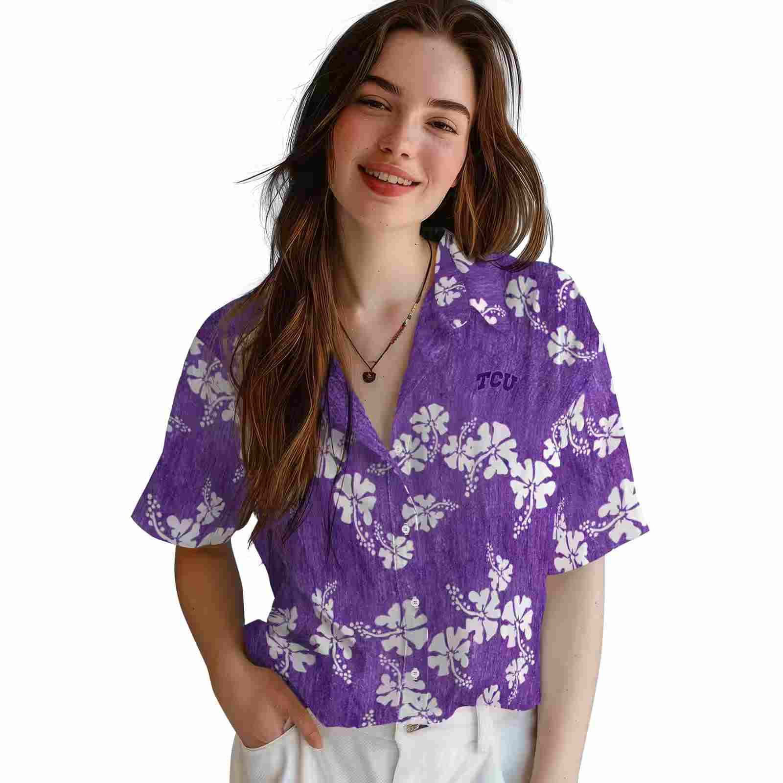 tcu horned frogs hibiscus clusters purple hawaiian shirt latest model