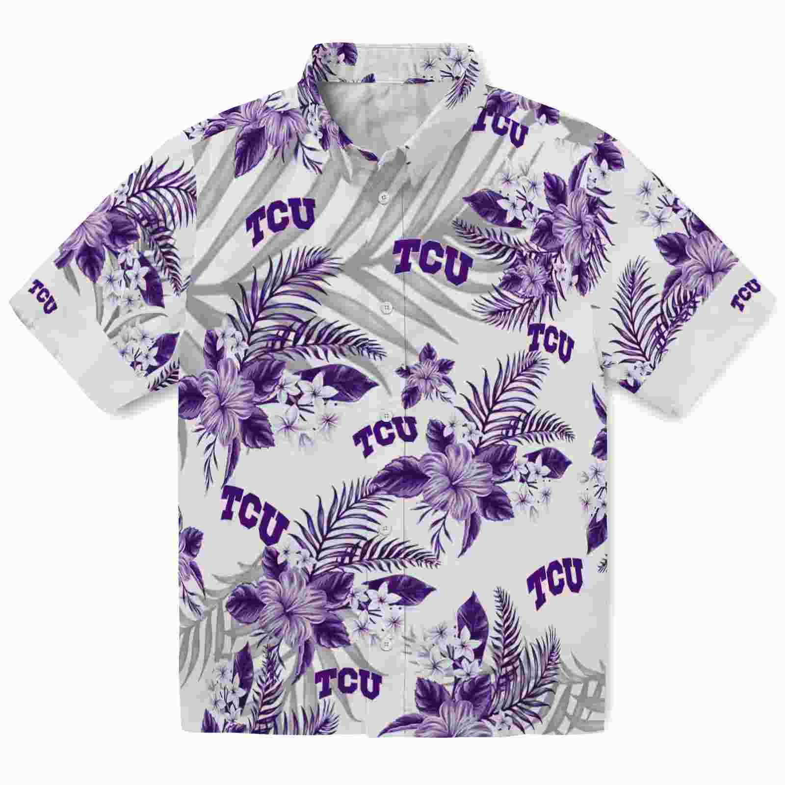 TCU Horned Frogs Hibiscus Palm Leaves Purple White Hawaiian Shirt