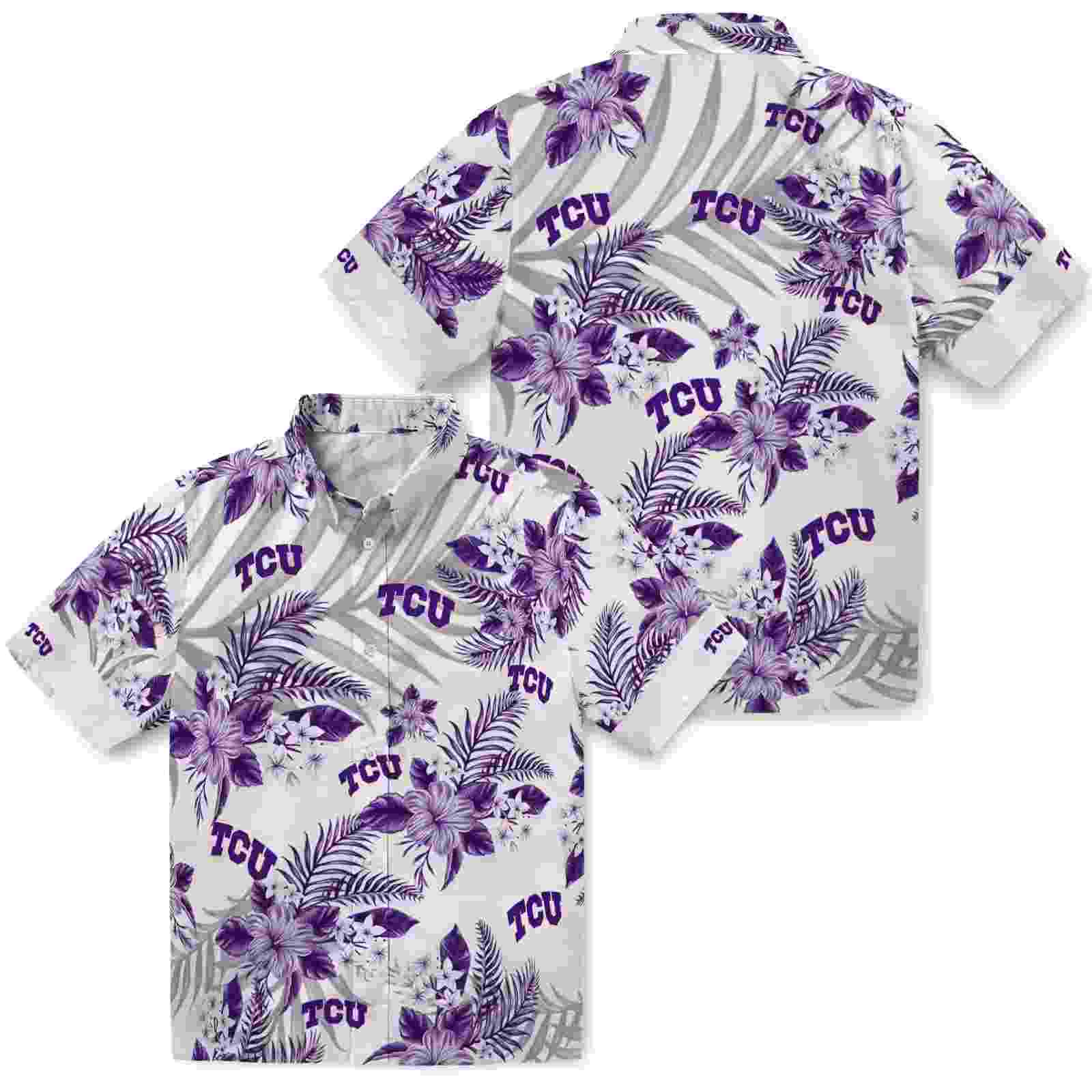 tcu horned frogs hibiscus palm leaves purple white hawaiian shirt high quality