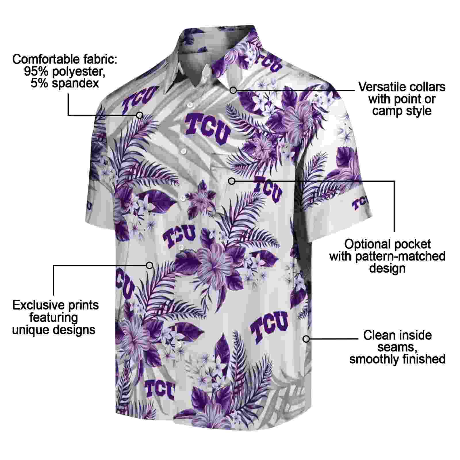 tcu horned frogs hibiscus palm leaves purple white hawaiian shirt new arrival