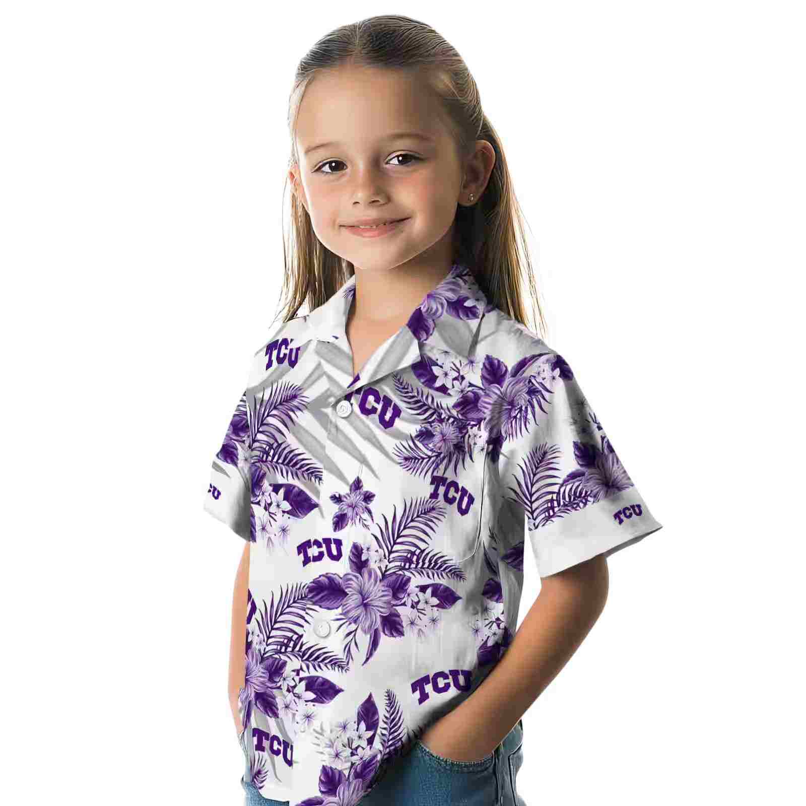 tcu horned frogs hibiscus palm leaves purple white hawaiian shirt premium grade