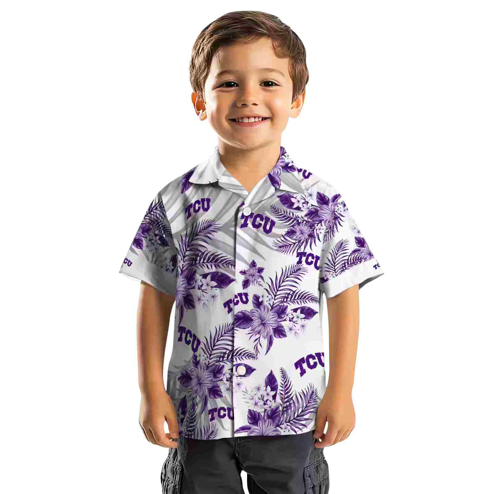 tcu horned frogs hibiscus palm leaves purple white hawaiian shirt top rated