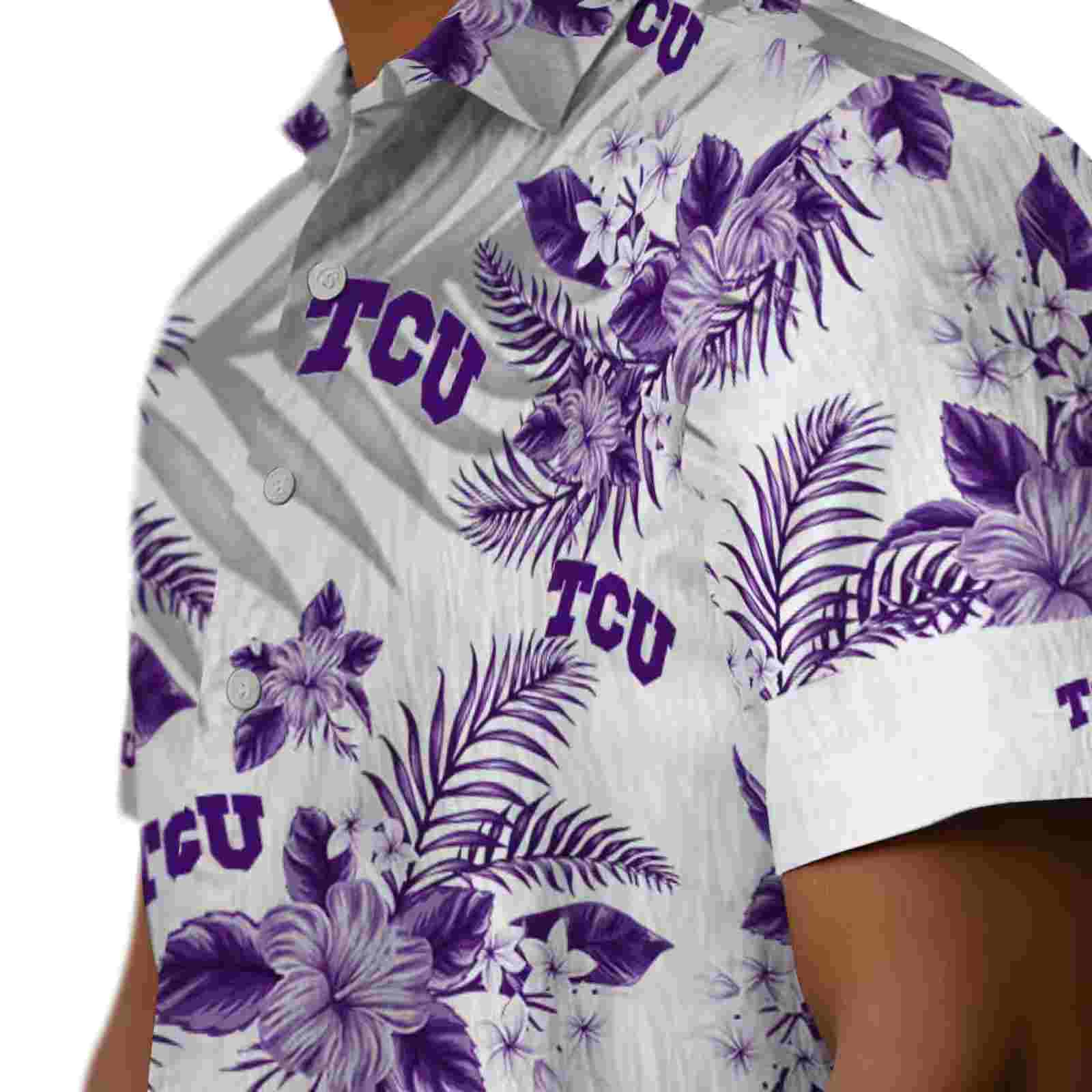 tcu horned frogs hibiscus palm leaves purple white hawaiian shirt trendy