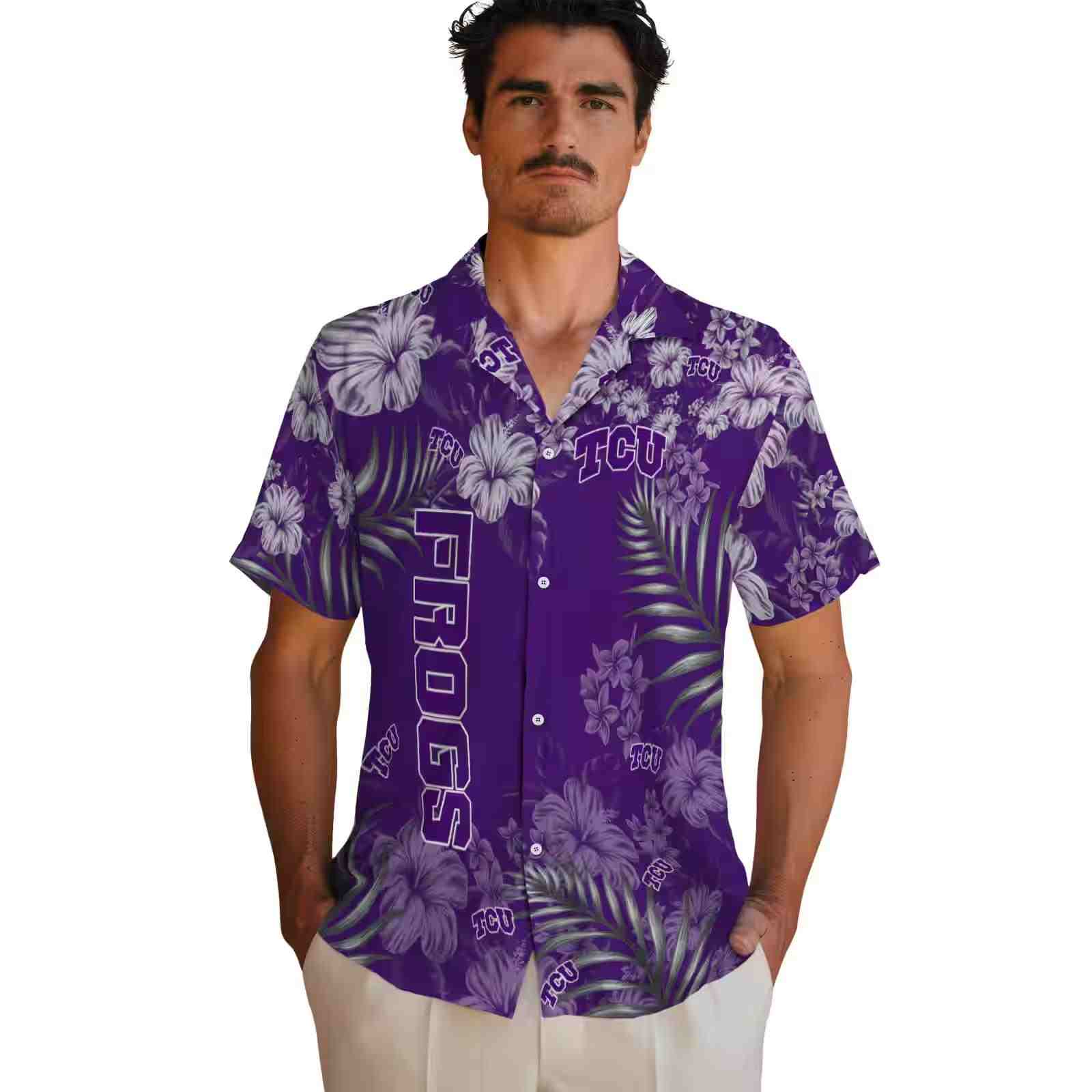 tcu horned frogs hibiscus print purple hawaiian shirt fashion forward