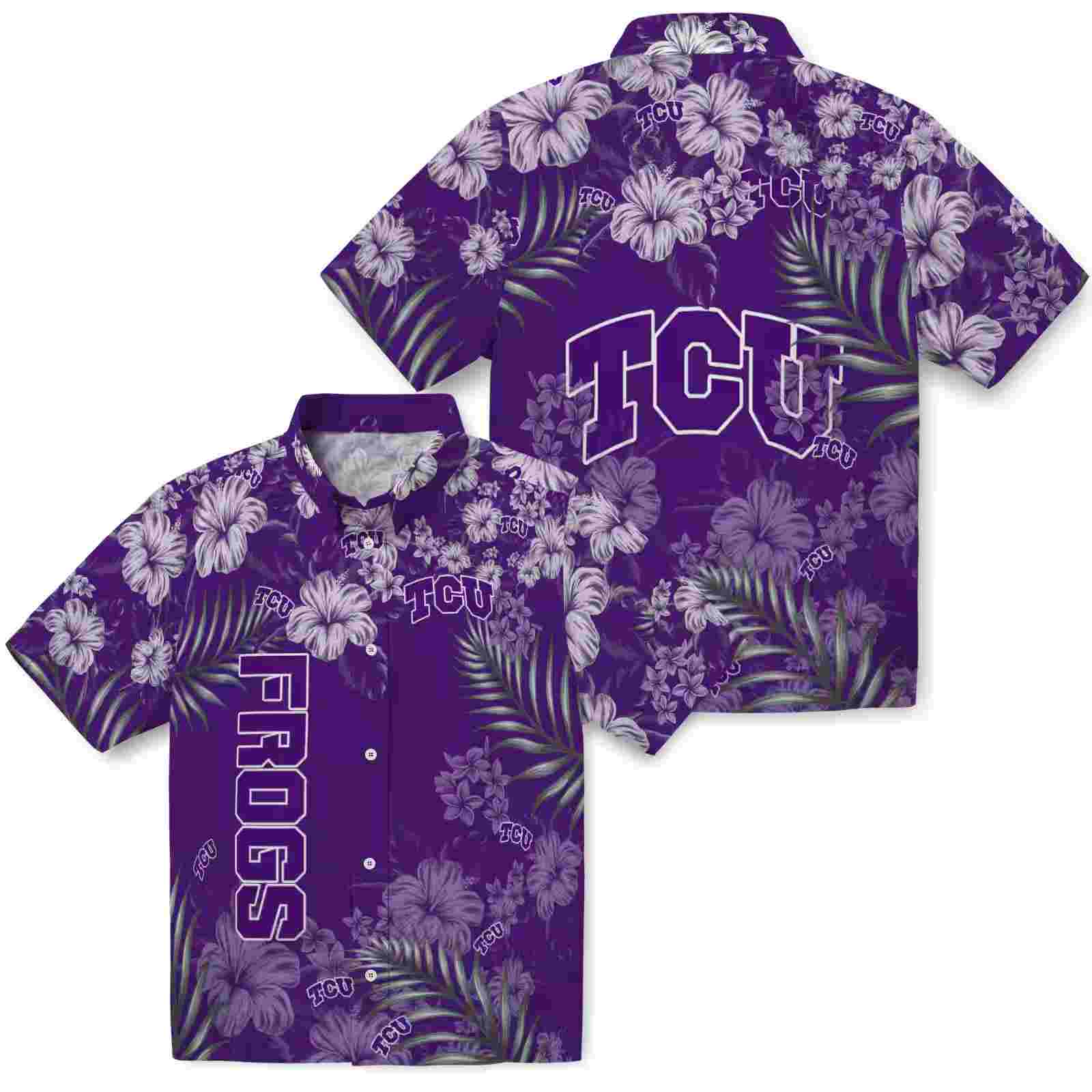 tcu horned frogs hibiscus print purple hawaiian shirt high quality