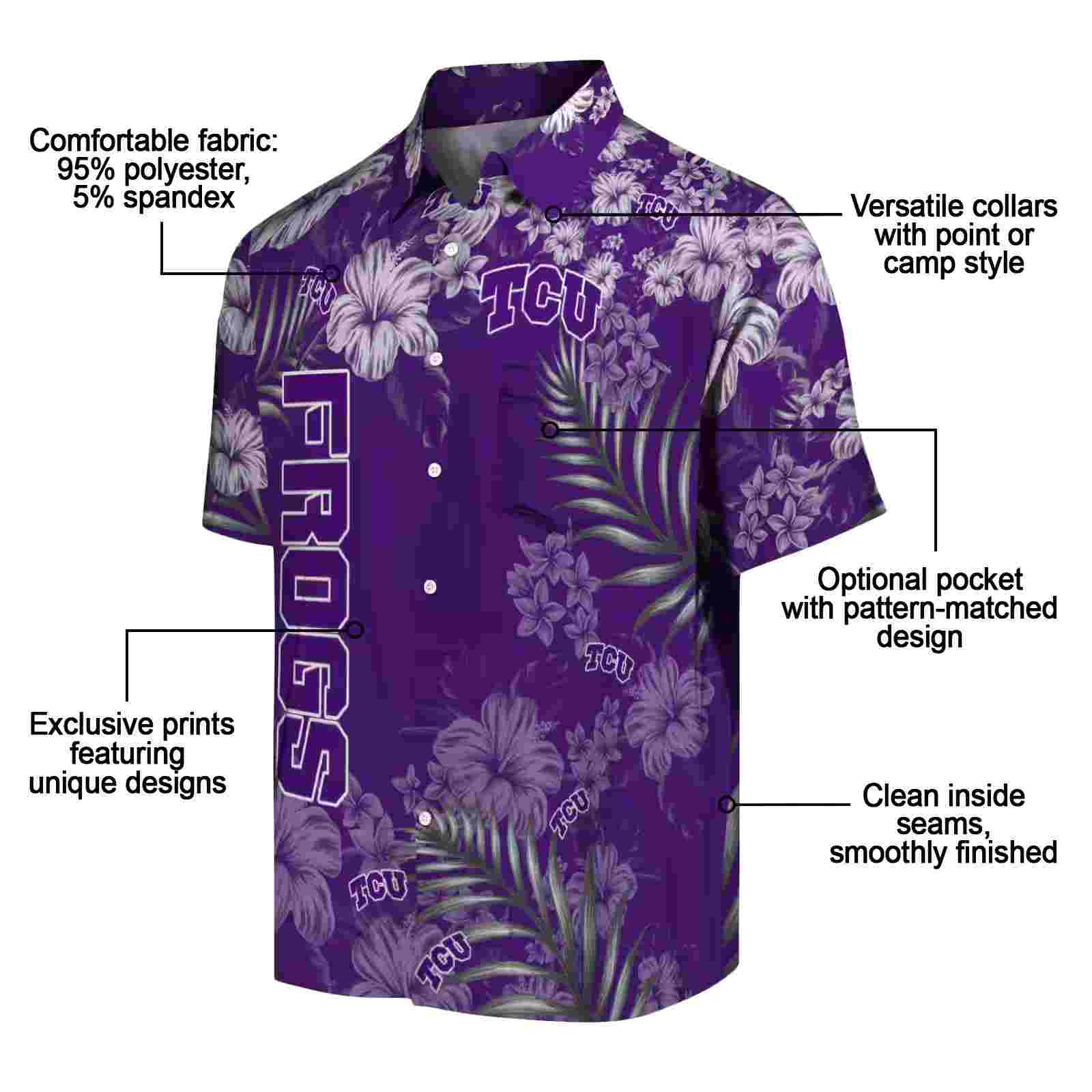 tcu horned frogs hibiscus print purple hawaiian shirt new arrival