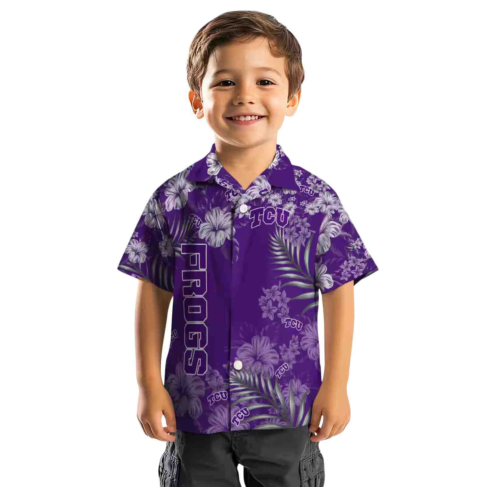 tcu horned frogs hibiscus print purple hawaiian shirt top rated