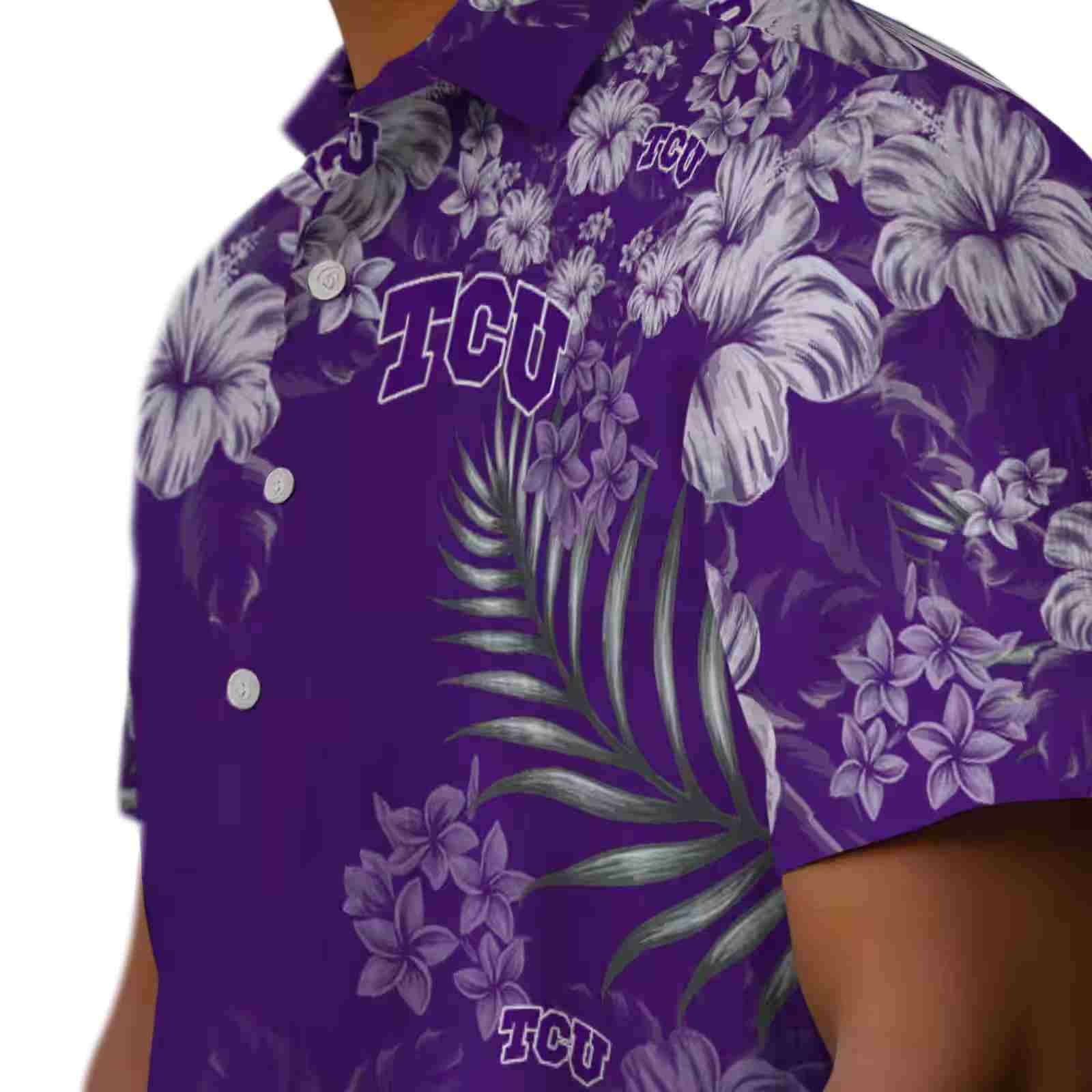 tcu horned frogs hibiscus print purple hawaiian shirt trendy