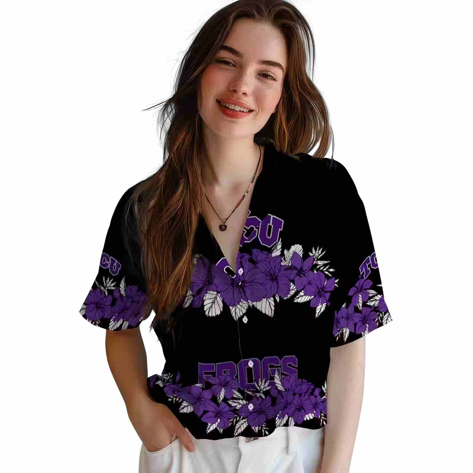 tcu horned frogs hibiscus stripe purple black hawaiian shirt latest model