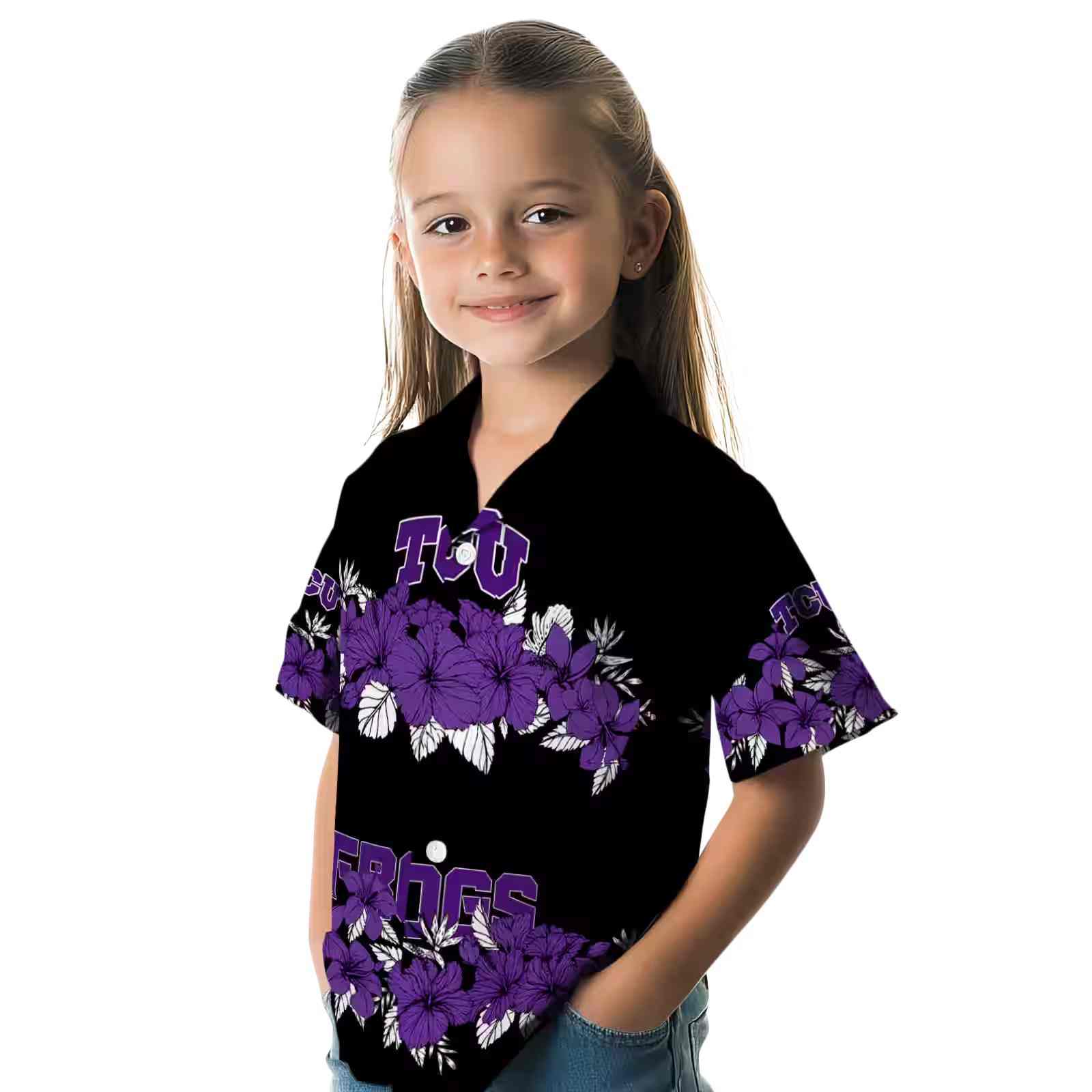 tcu horned frogs hibiscus stripe purple black hawaiian shirt premium grade