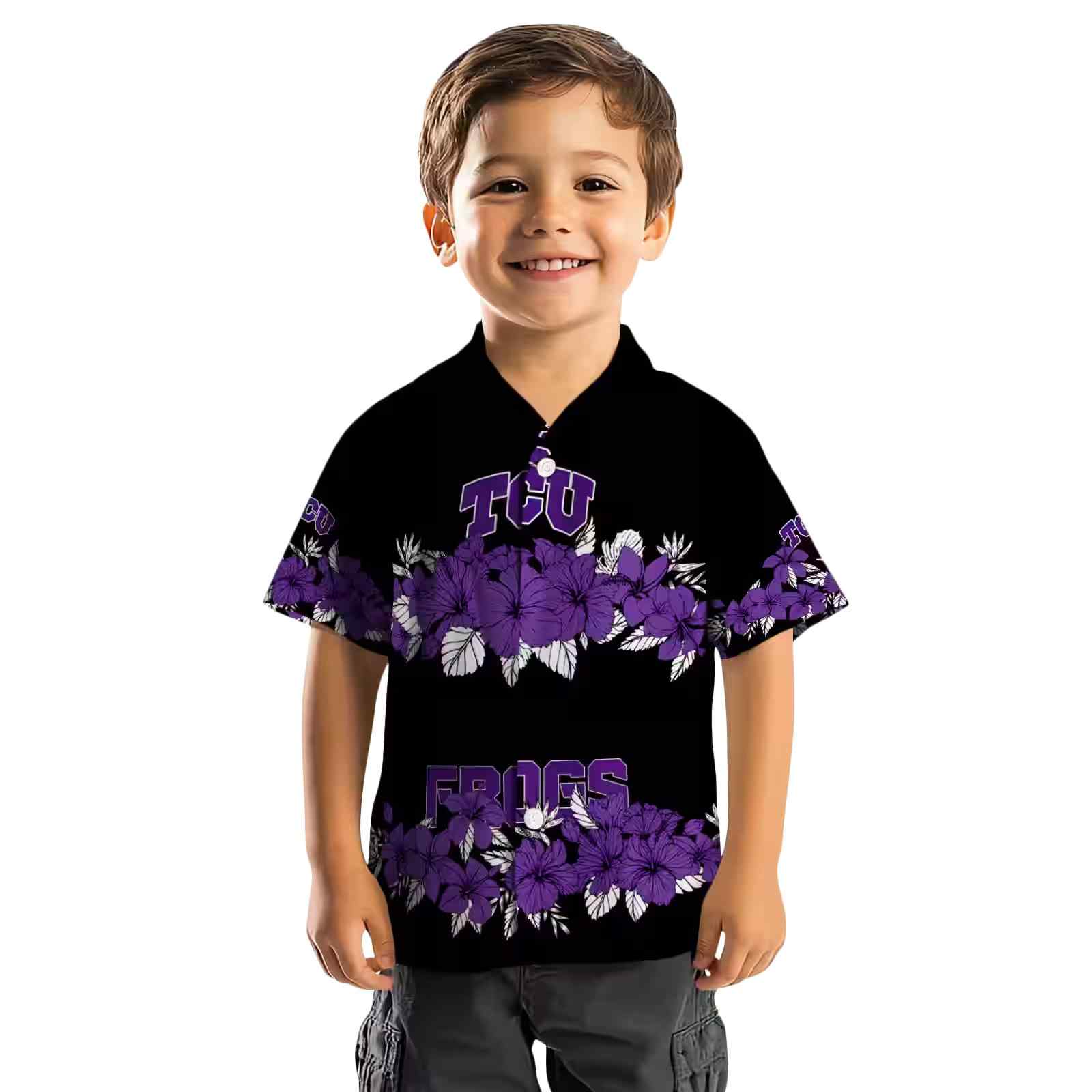 tcu horned frogs hibiscus stripe purple black hawaiian shirt top rated