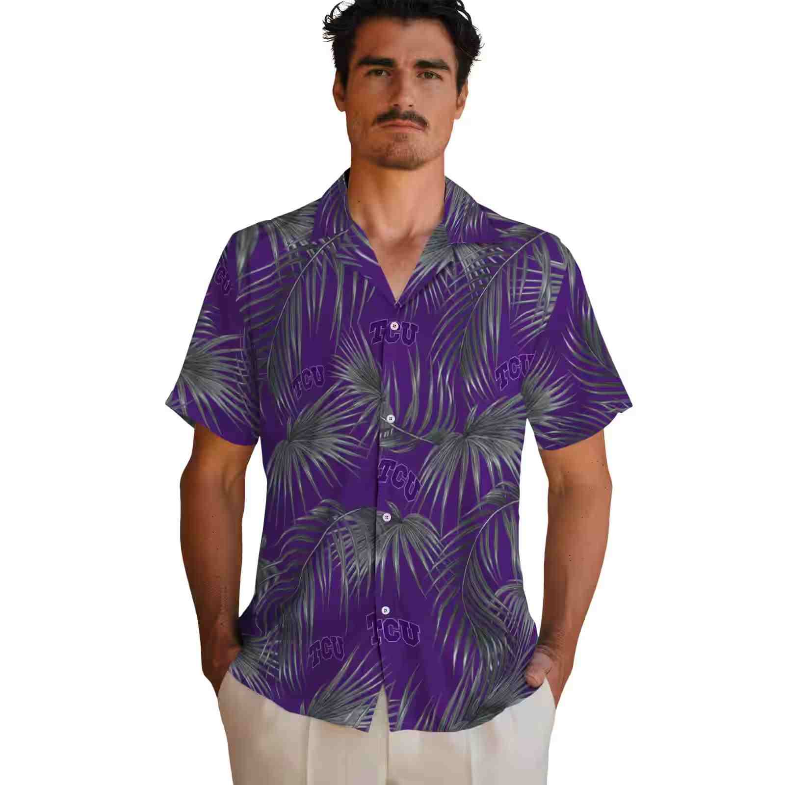 tcu horned frogs leafy palms purple hawaiian shirt fashion forward