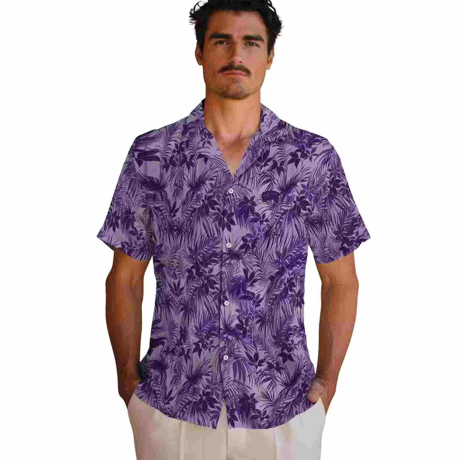 tcu horned frogs leafy pattern purple hawaiian shirt fashion forward