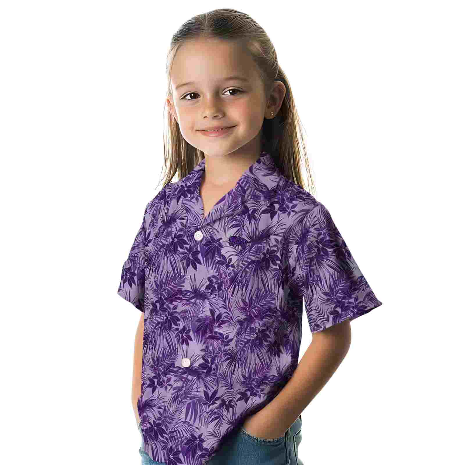 tcu horned frogs leafy pattern purple hawaiian shirt premium grade