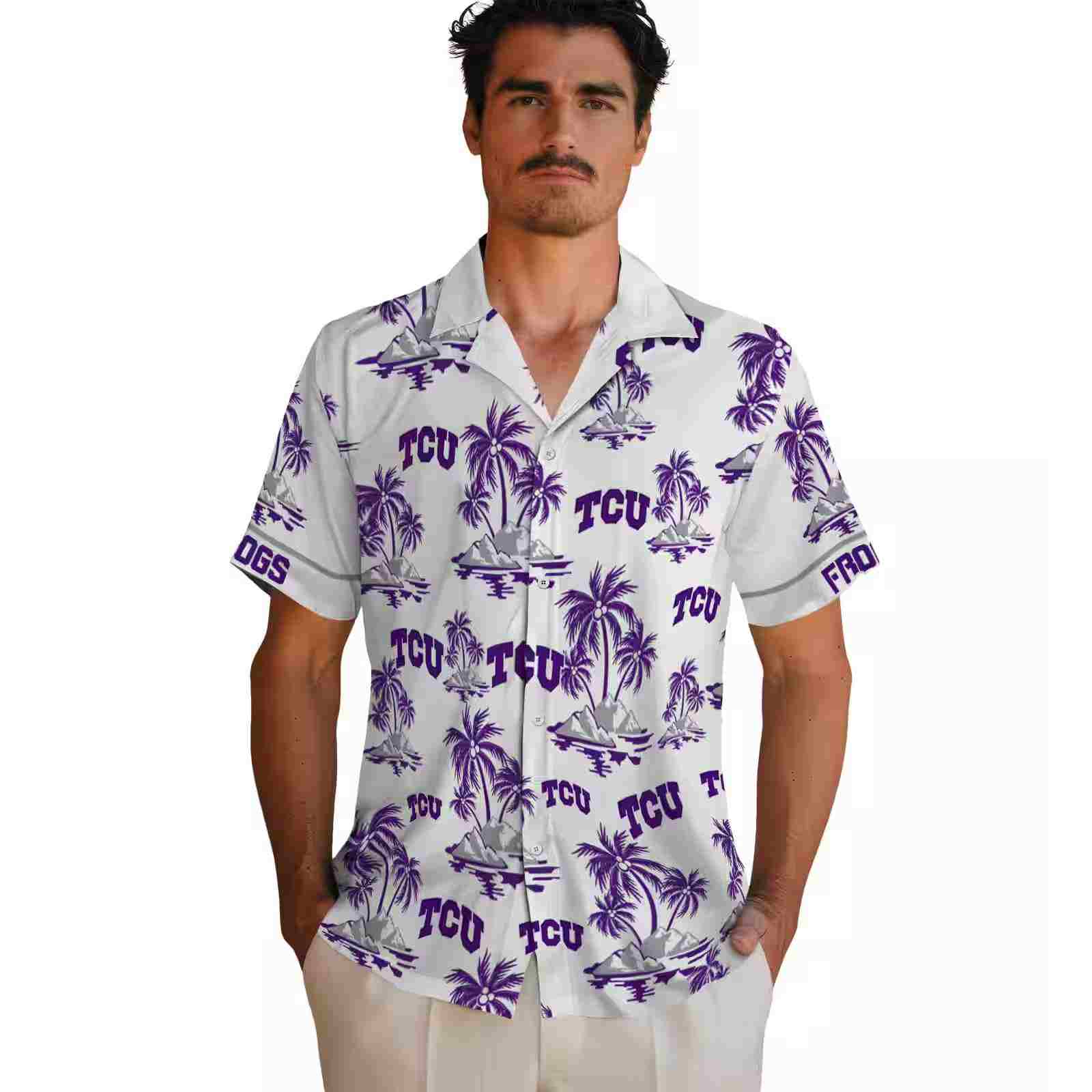 tcu horned frogs palm island print purple white hawaiian shirt fashion forward