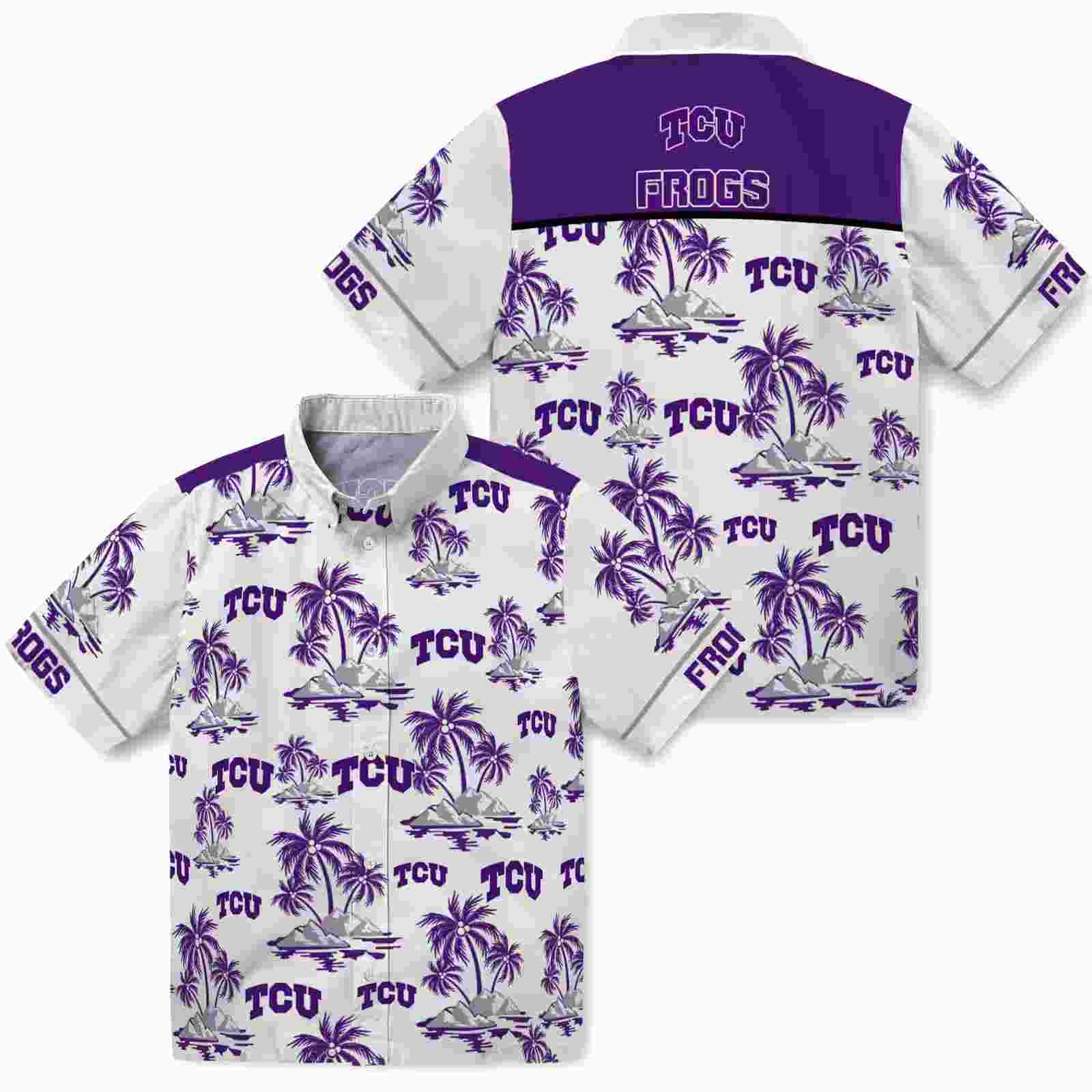 tcu horned frogs palm island print purple white hawaiian shirt high quality