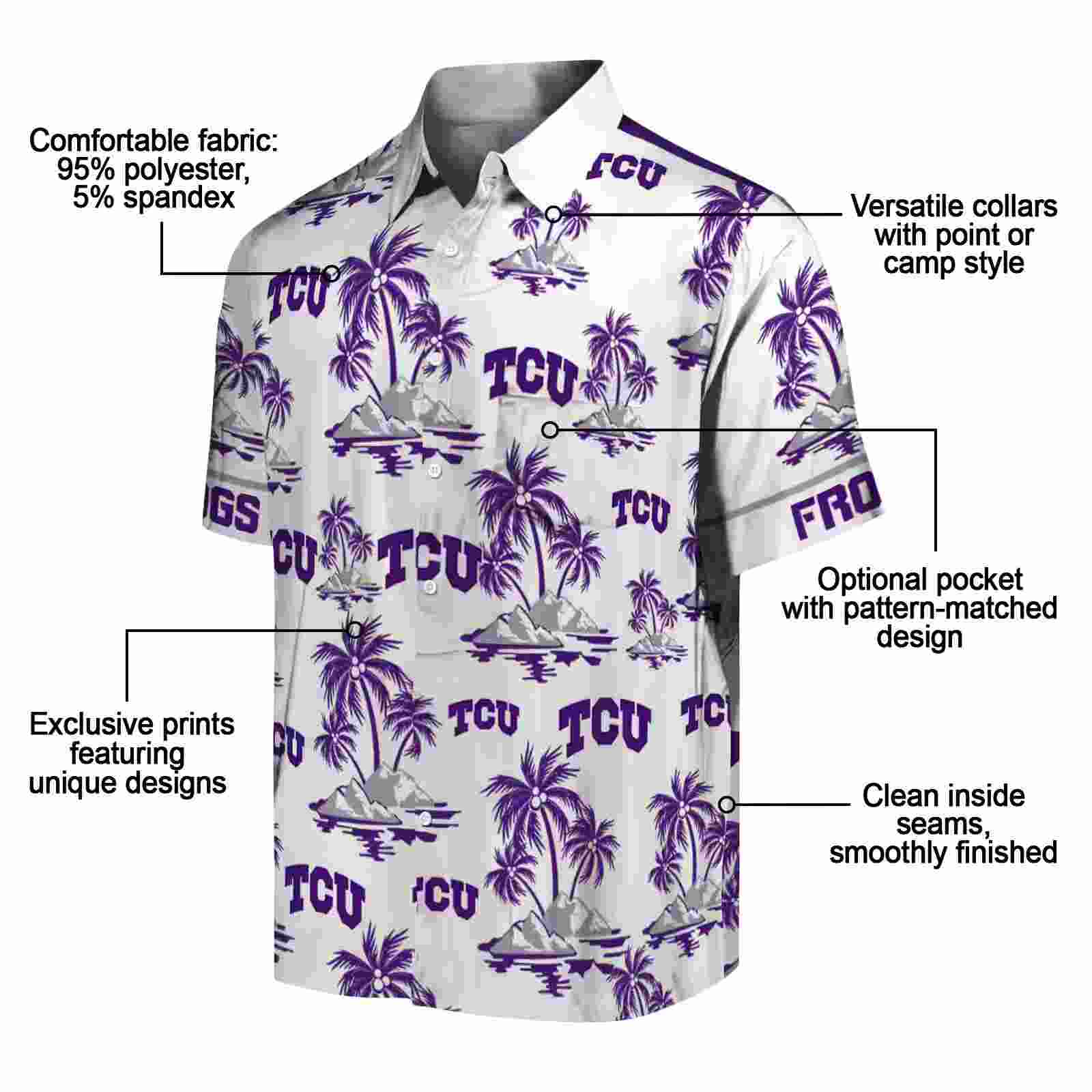 tcu horned frogs palm island print purple white hawaiian shirt new arrival