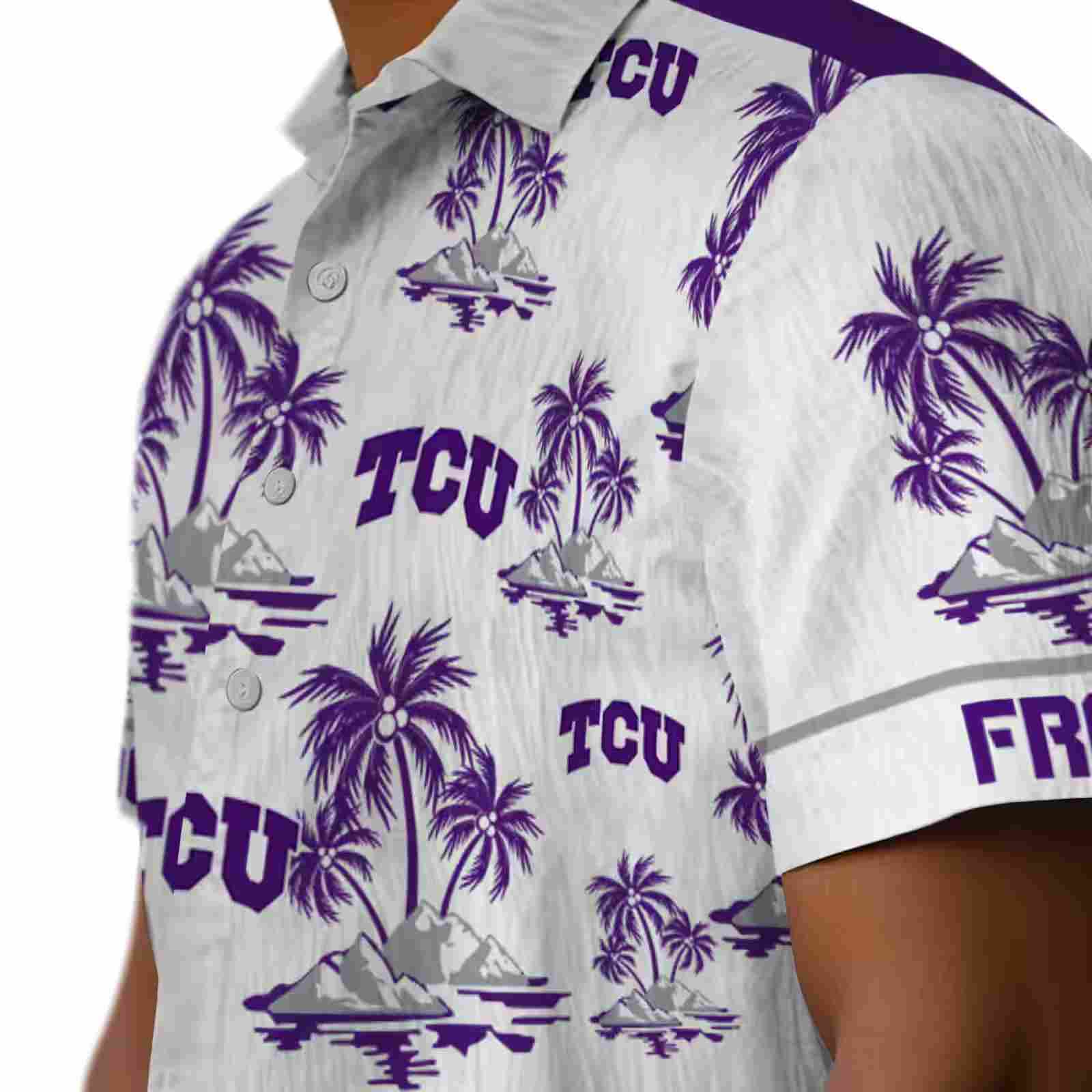 tcu horned frogs palm island print purple white hawaiian shirt trendy