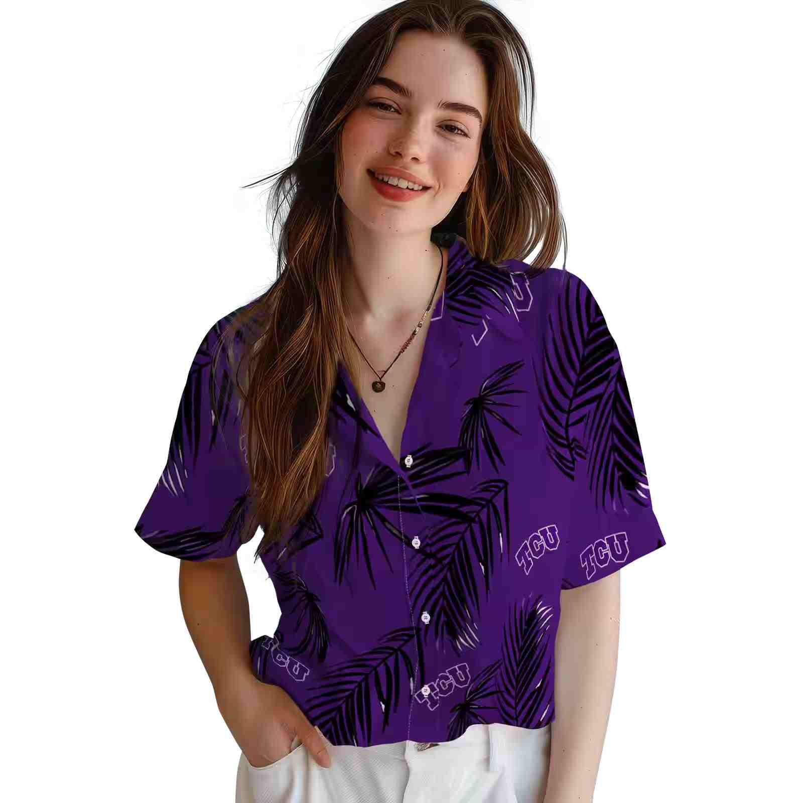 tcu horned frogs palm leaf purple hawaiian shirt latest model