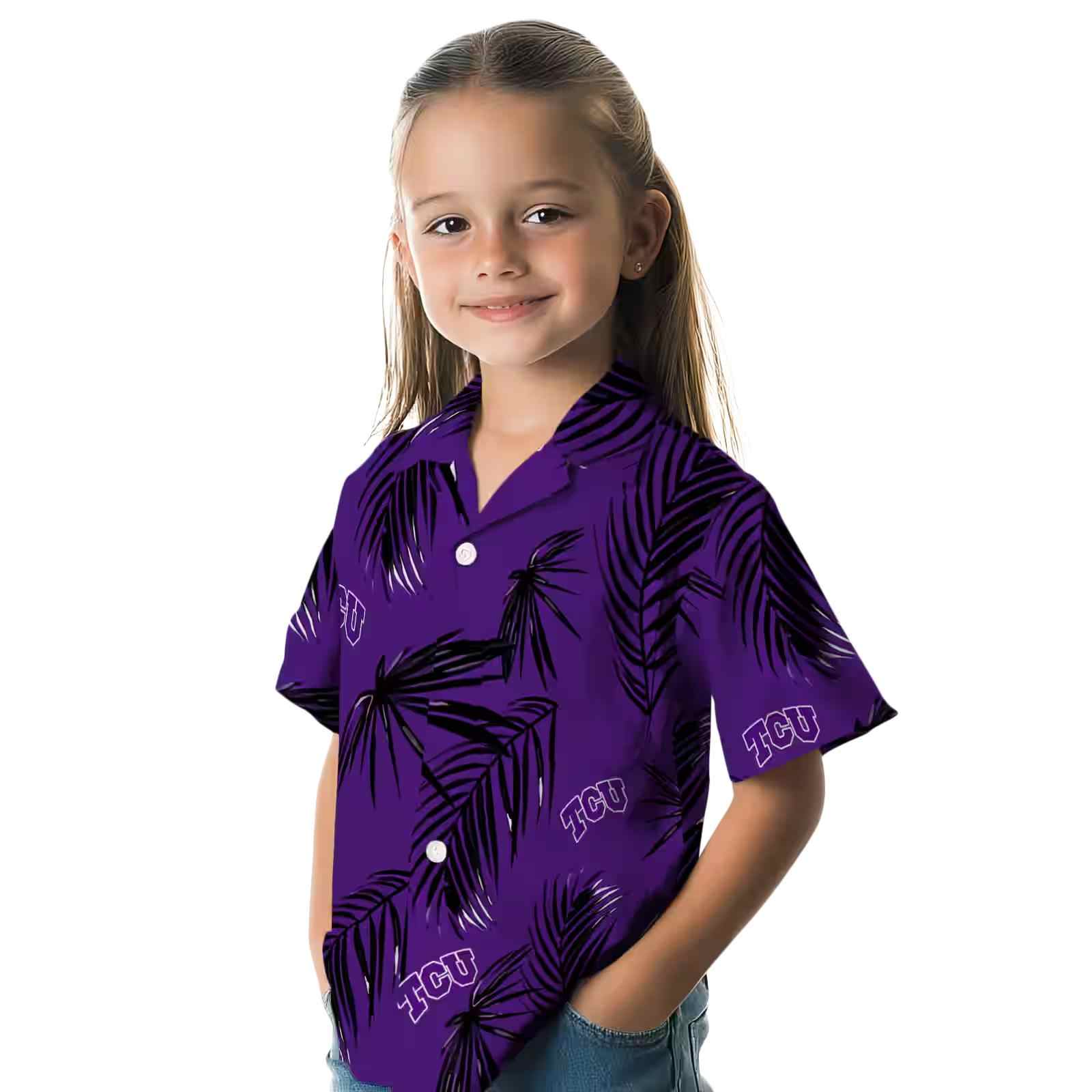 tcu horned frogs palm leaf purple hawaiian shirt premium grade