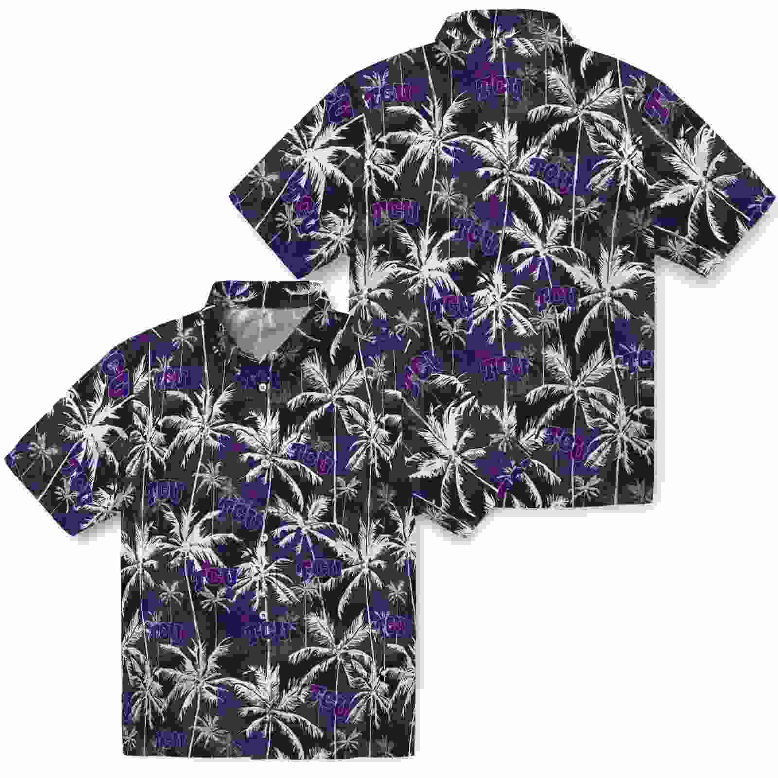 tcu horned frogs palm pattern purple black hawaiian shirt high quality