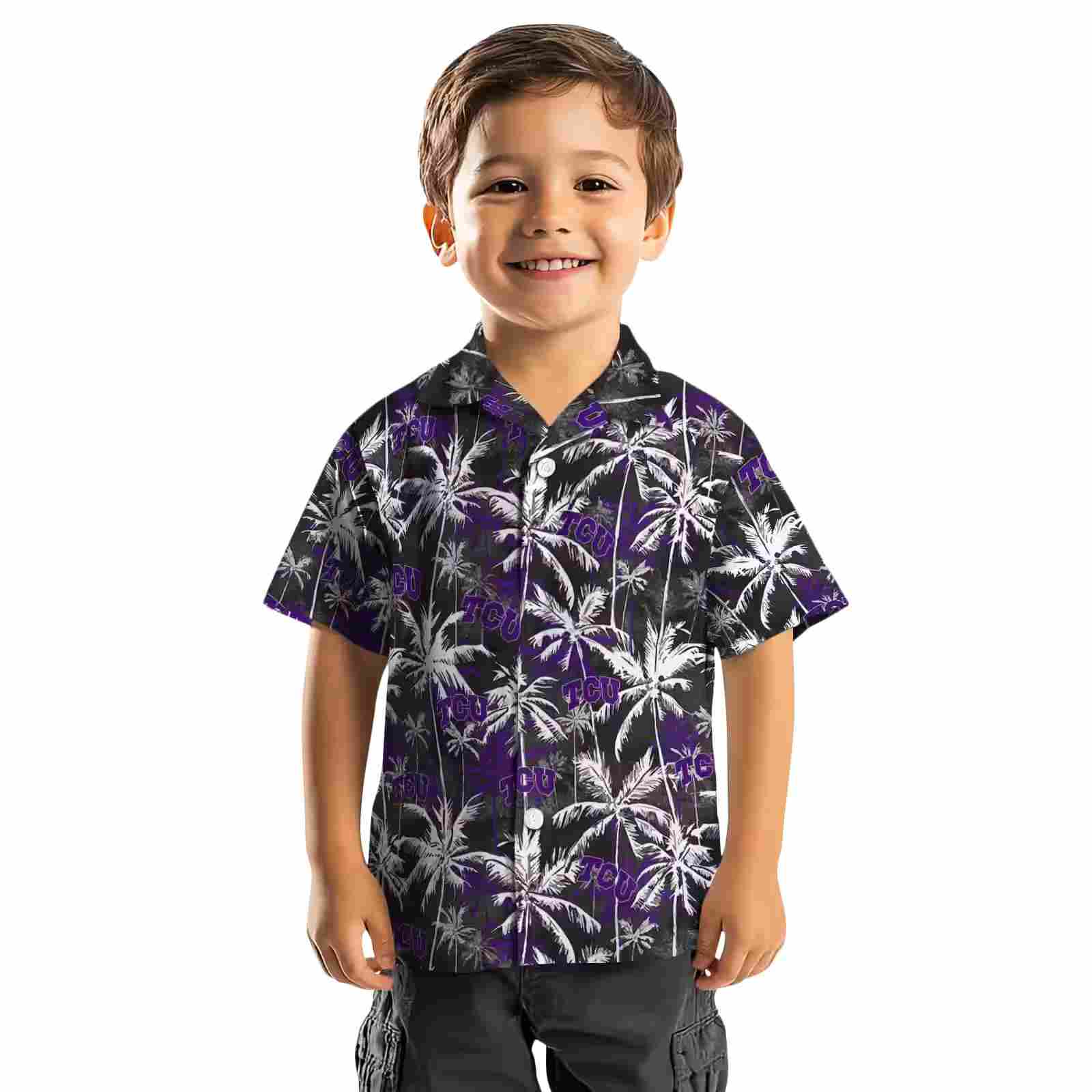 tcu horned frogs palm pattern purple black hawaiian shirt top rated