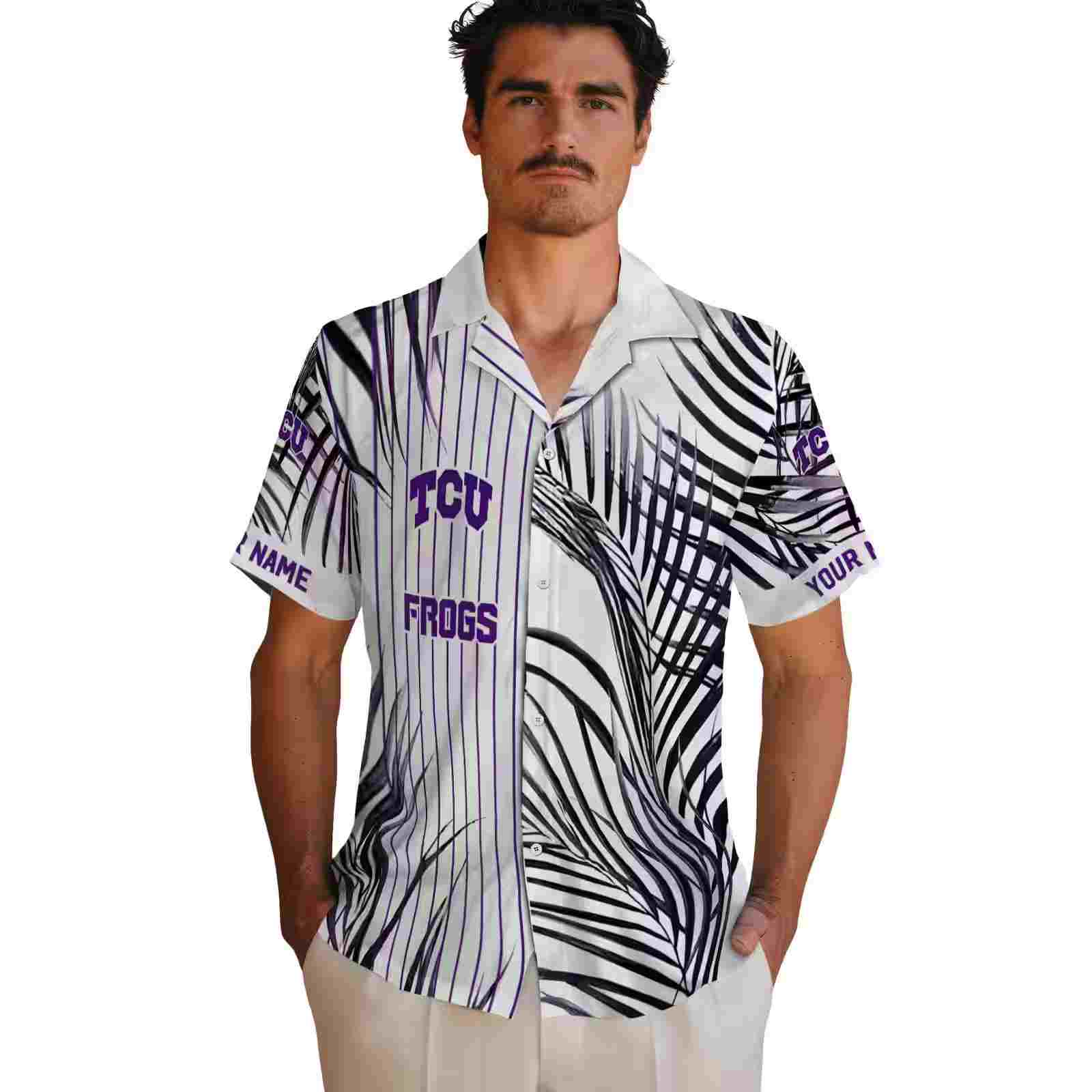 tcu horned frogs palm stripes purple black white hawaiian shirt fashion forward