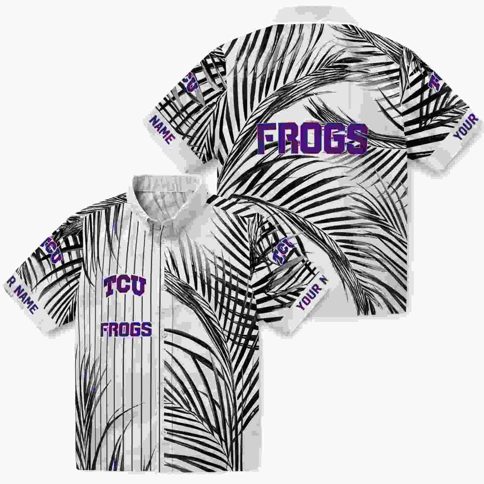 tcu horned frogs palm stripes purple black white hawaiian shirt high quality