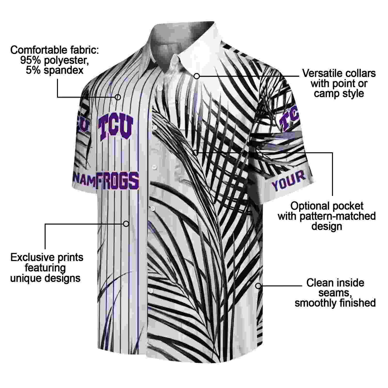 tcu horned frogs palm stripes purple black white hawaiian shirt new arrival