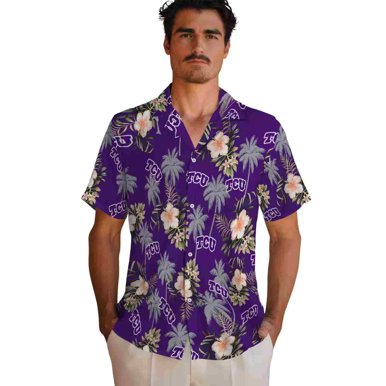 tcu horned frogs palm tree flower purple hawaiian shirt fashion forward