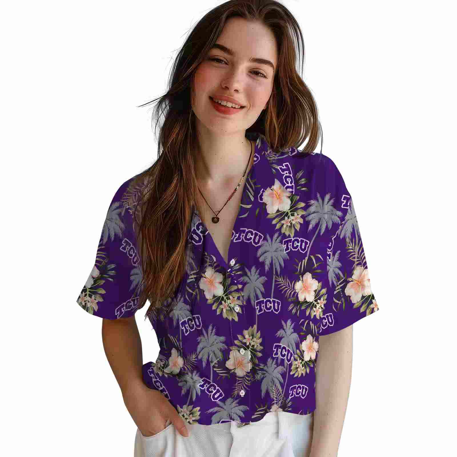 tcu horned frogs palm tree flower purple hawaiian shirt latest model