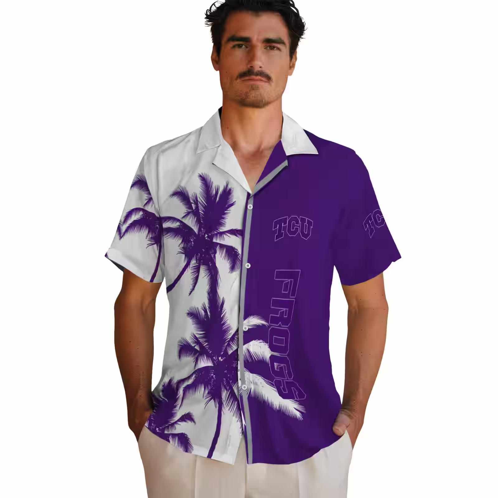 tcu horned frogs palm trees purple white hawaiian shirt fashion forward