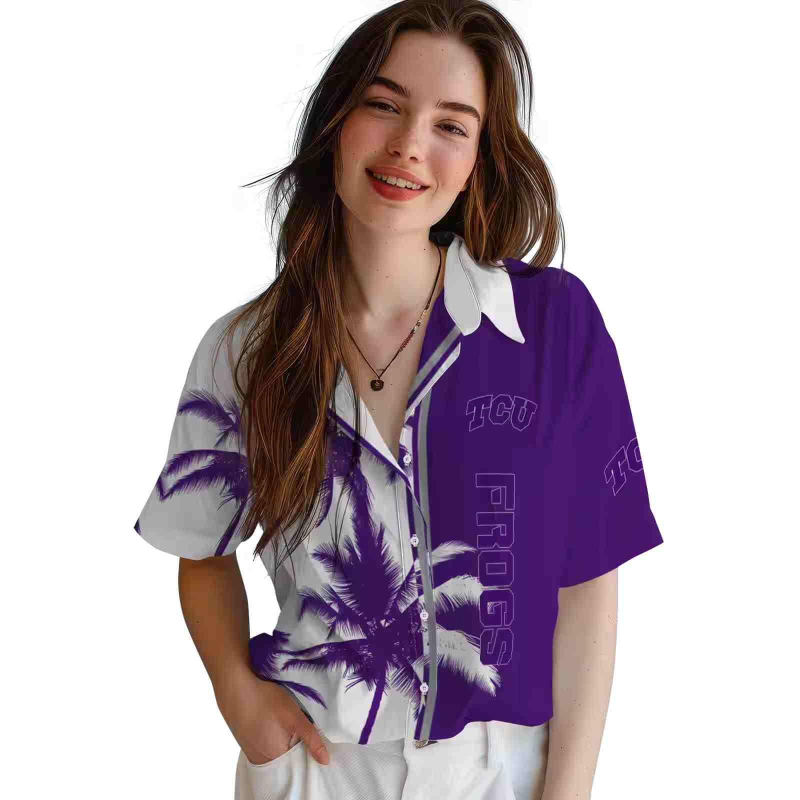 tcu horned frogs palm trees purple white hawaiian shirt latest model