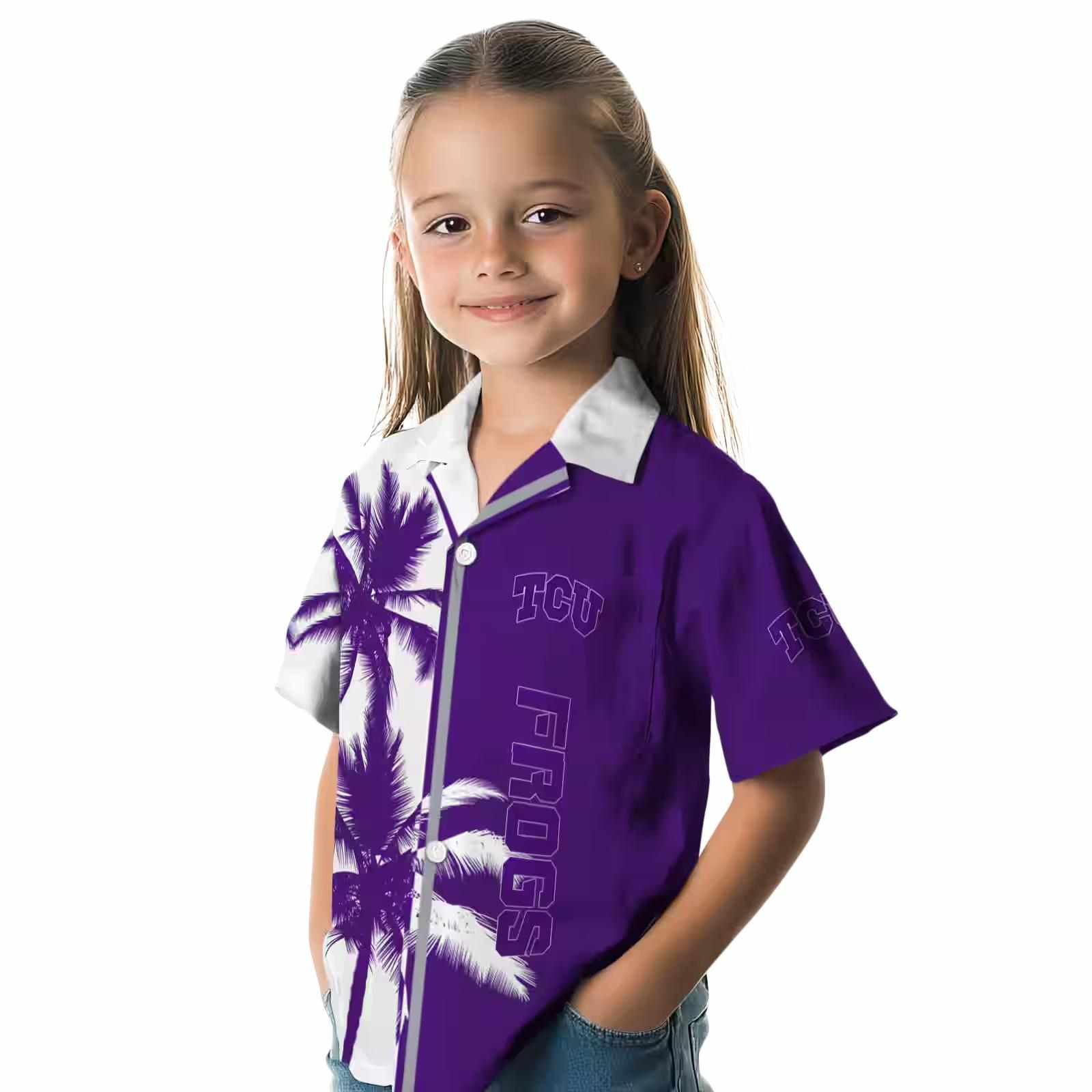 tcu horned frogs palm trees purple white hawaiian shirt premium grade