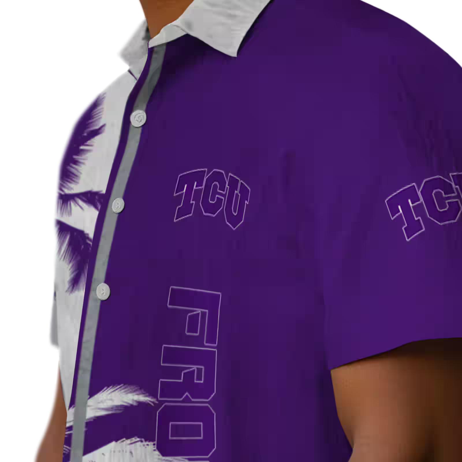 tcu horned frogs palm trees purple white hawaiian shirt trendy