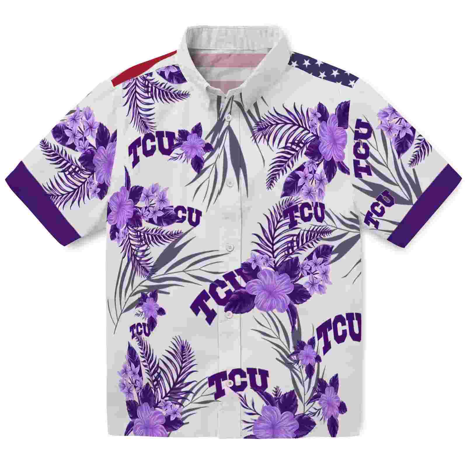 TCU Horned Frogs Patriotic Hibiscus Design Purple White Hawaiian Shirt