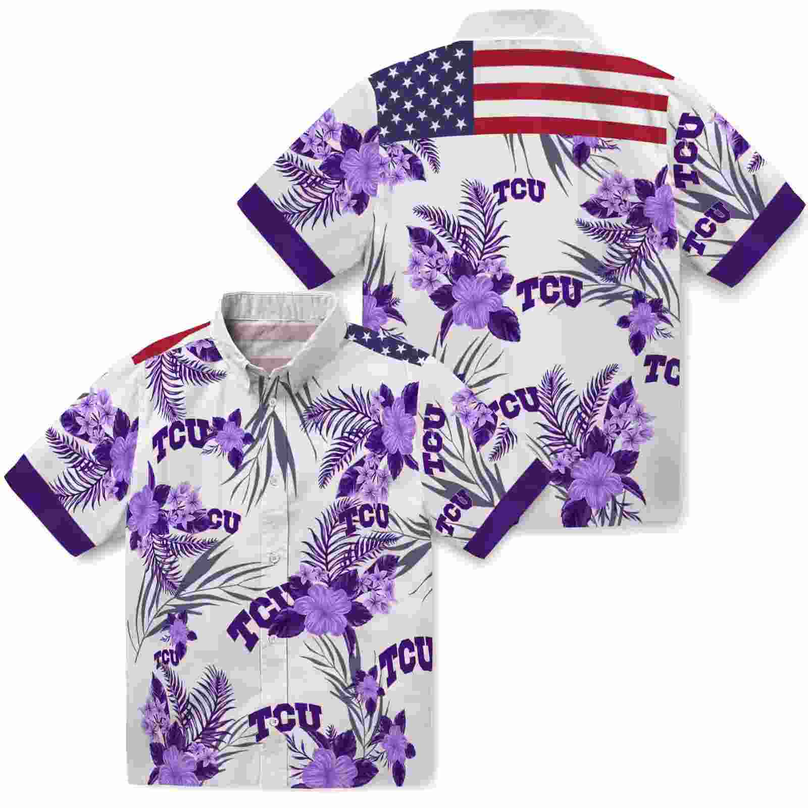 tcu horned frogs patriotic hibiscus design purple white hawaiian shirt high quality