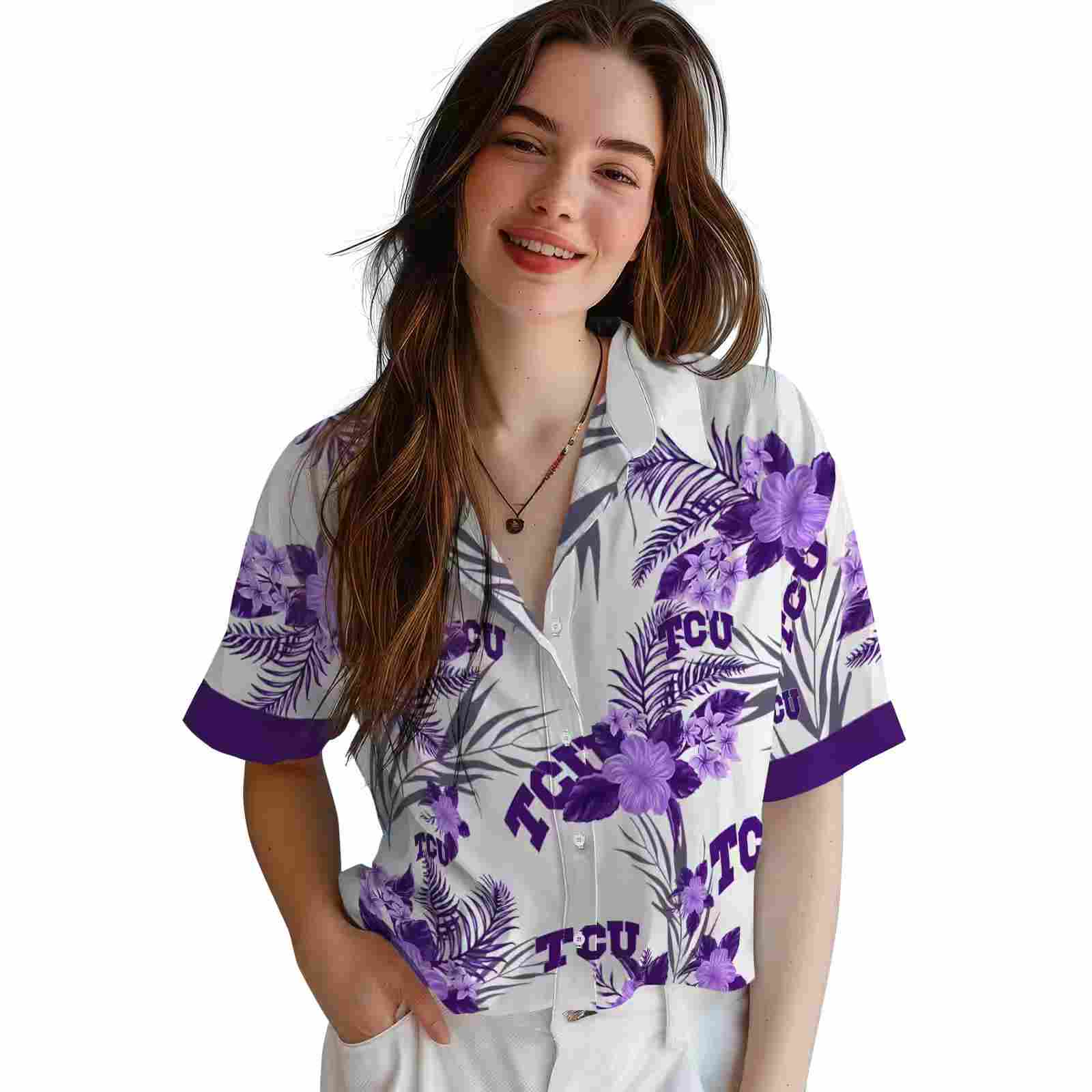 tcu horned frogs patriotic hibiscus design purple white hawaiian shirt latest model