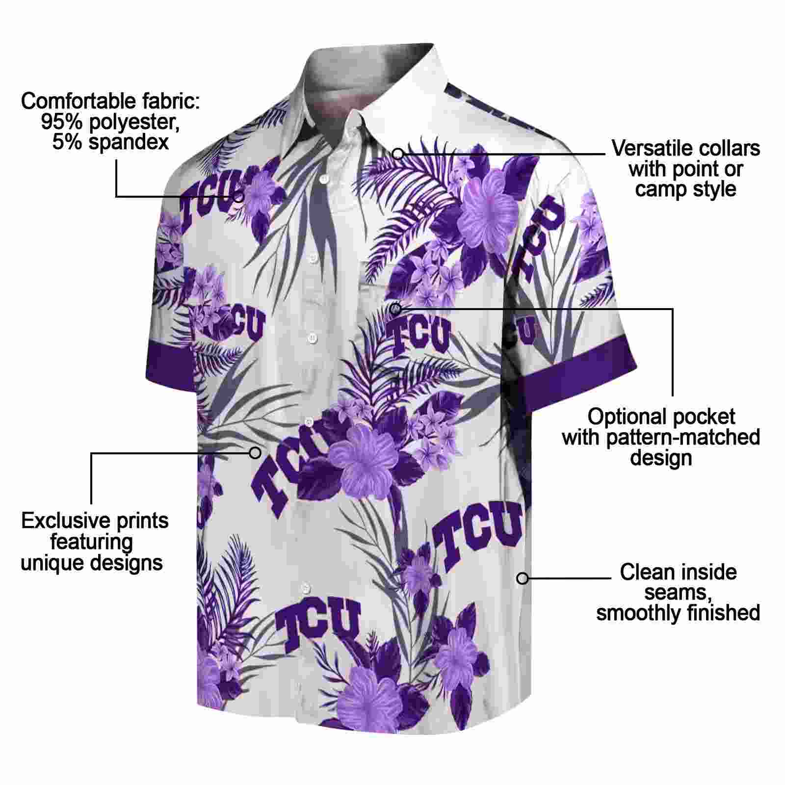 tcu horned frogs patriotic hibiscus design purple white hawaiian shirt new arrival