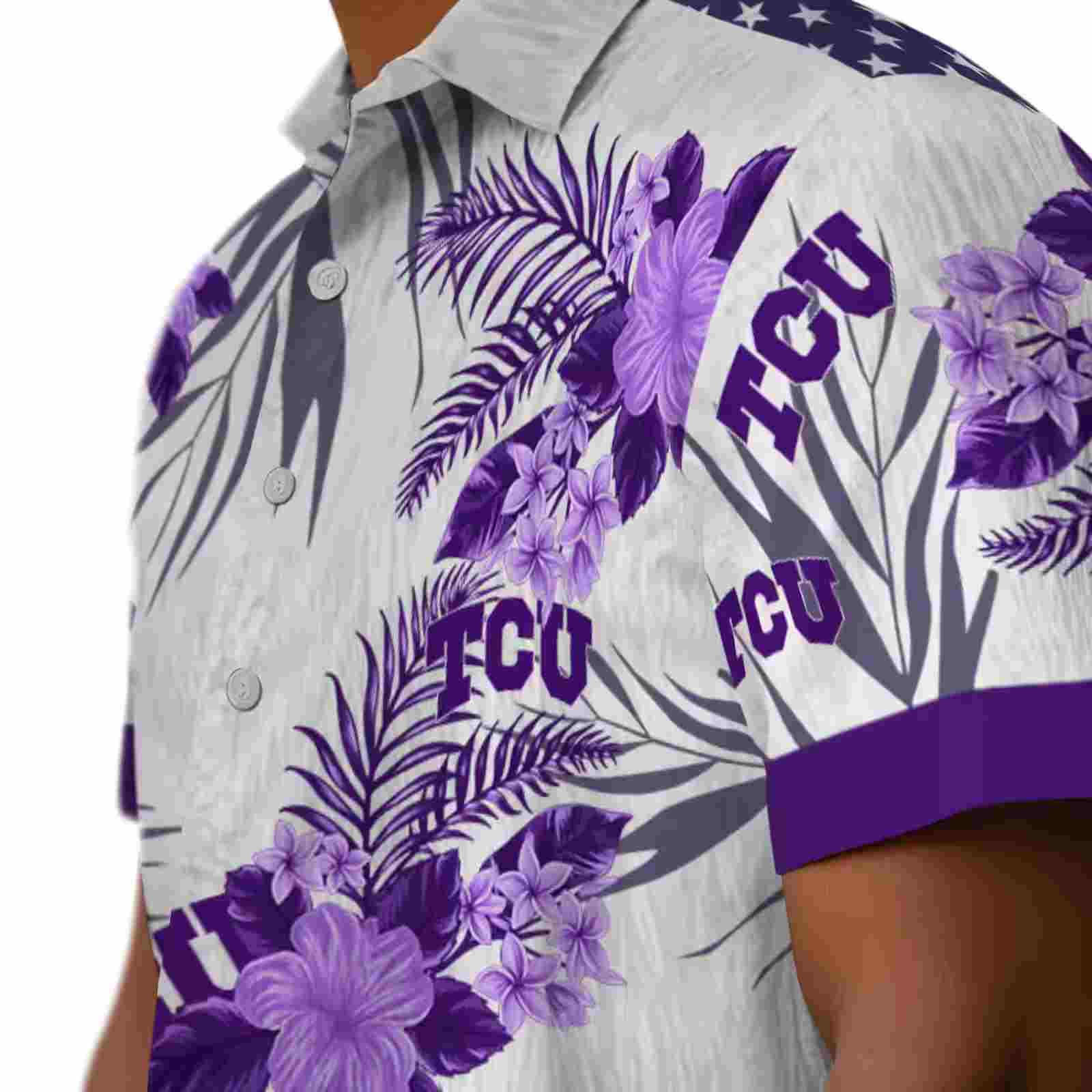 tcu horned frogs patriotic hibiscus design purple white hawaiian shirt trendy