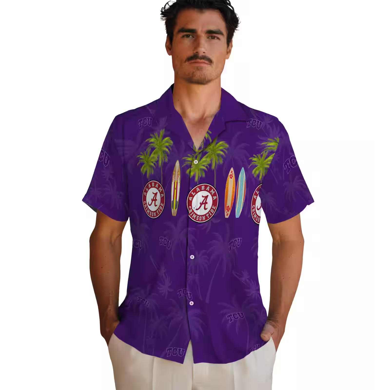 tcu horned frogs surfboard palm purple hawaiian shirt fashion forward