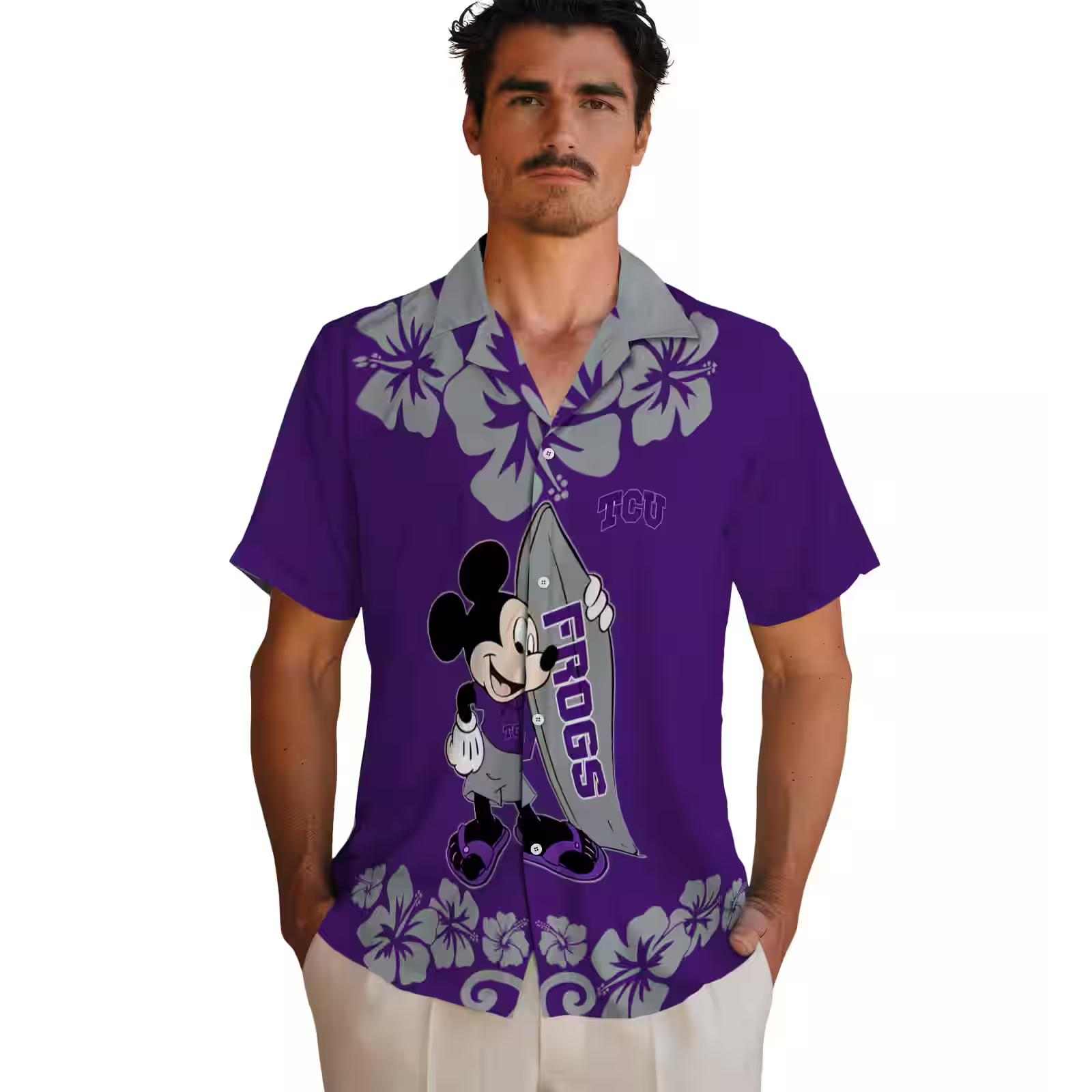 tcu horned frogs surfing mickey purple hawaiian shirt fashion forward