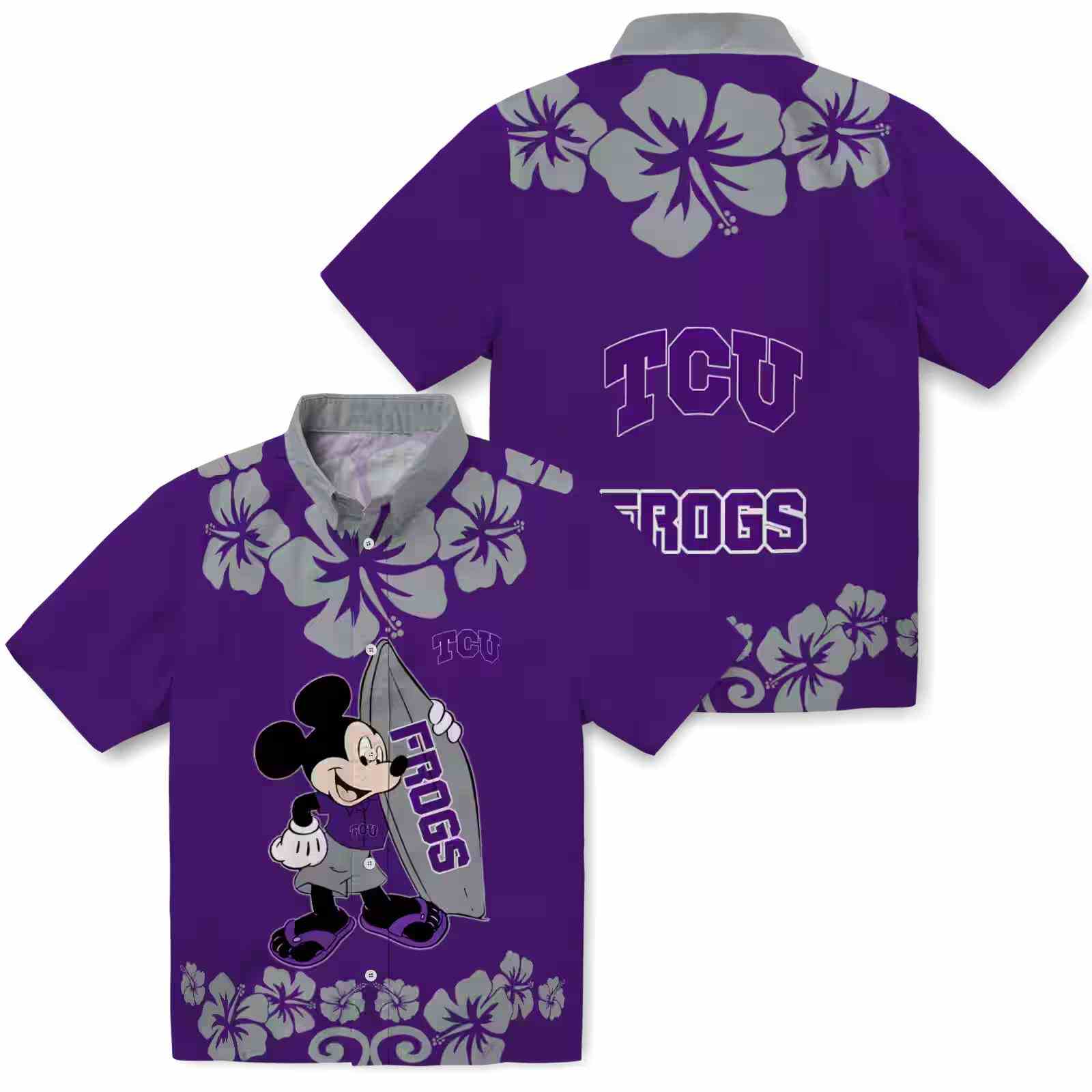 tcu horned frogs surfing mickey purple hawaiian shirt high quality