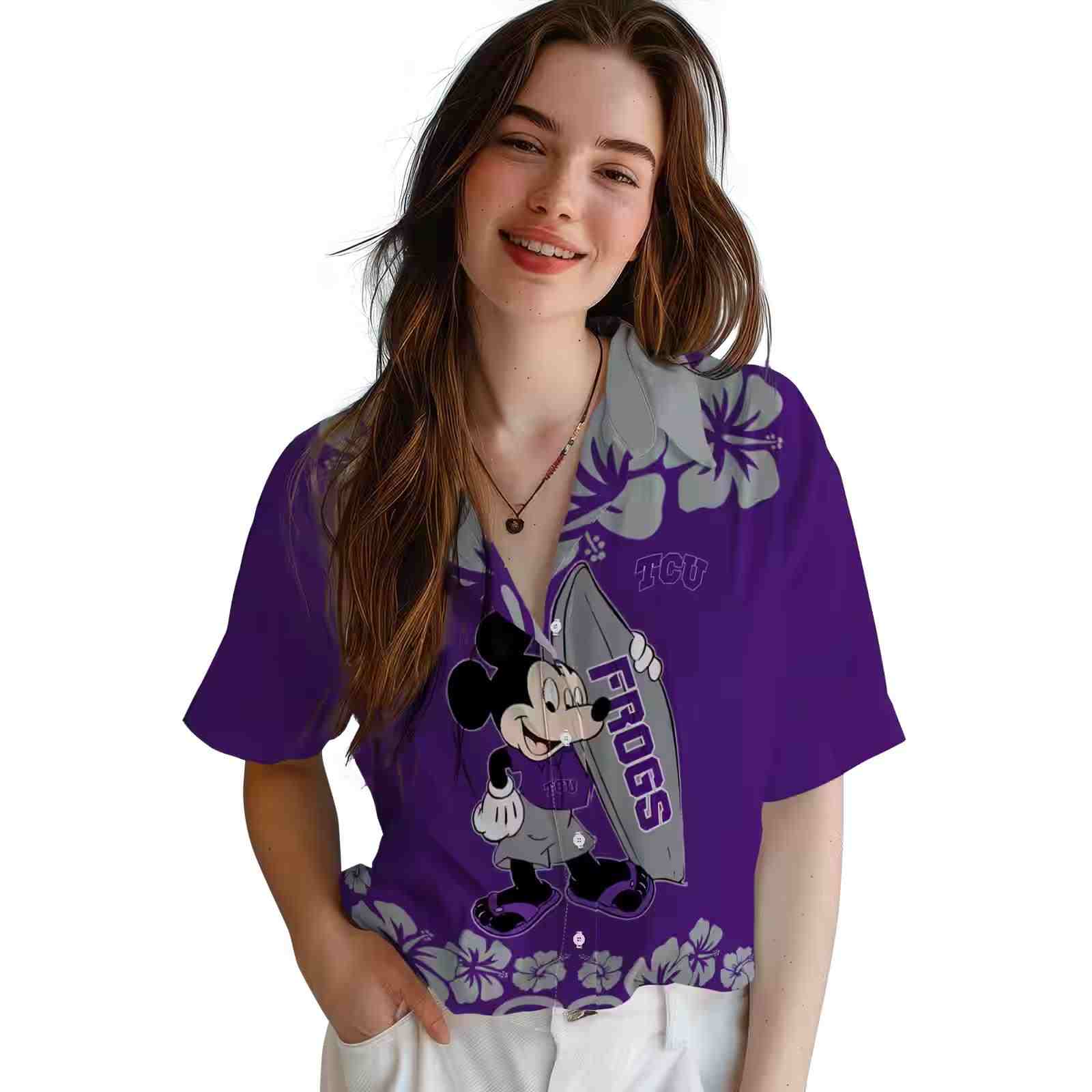 tcu horned frogs surfing mickey purple hawaiian shirt latest model